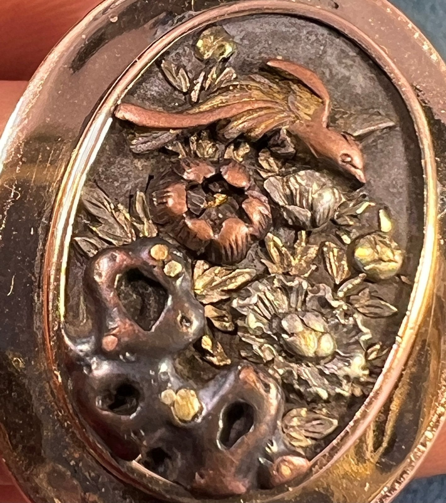 14k Gold & Copper Japanese SHAKUDO Birds + Flowers Pendant - R