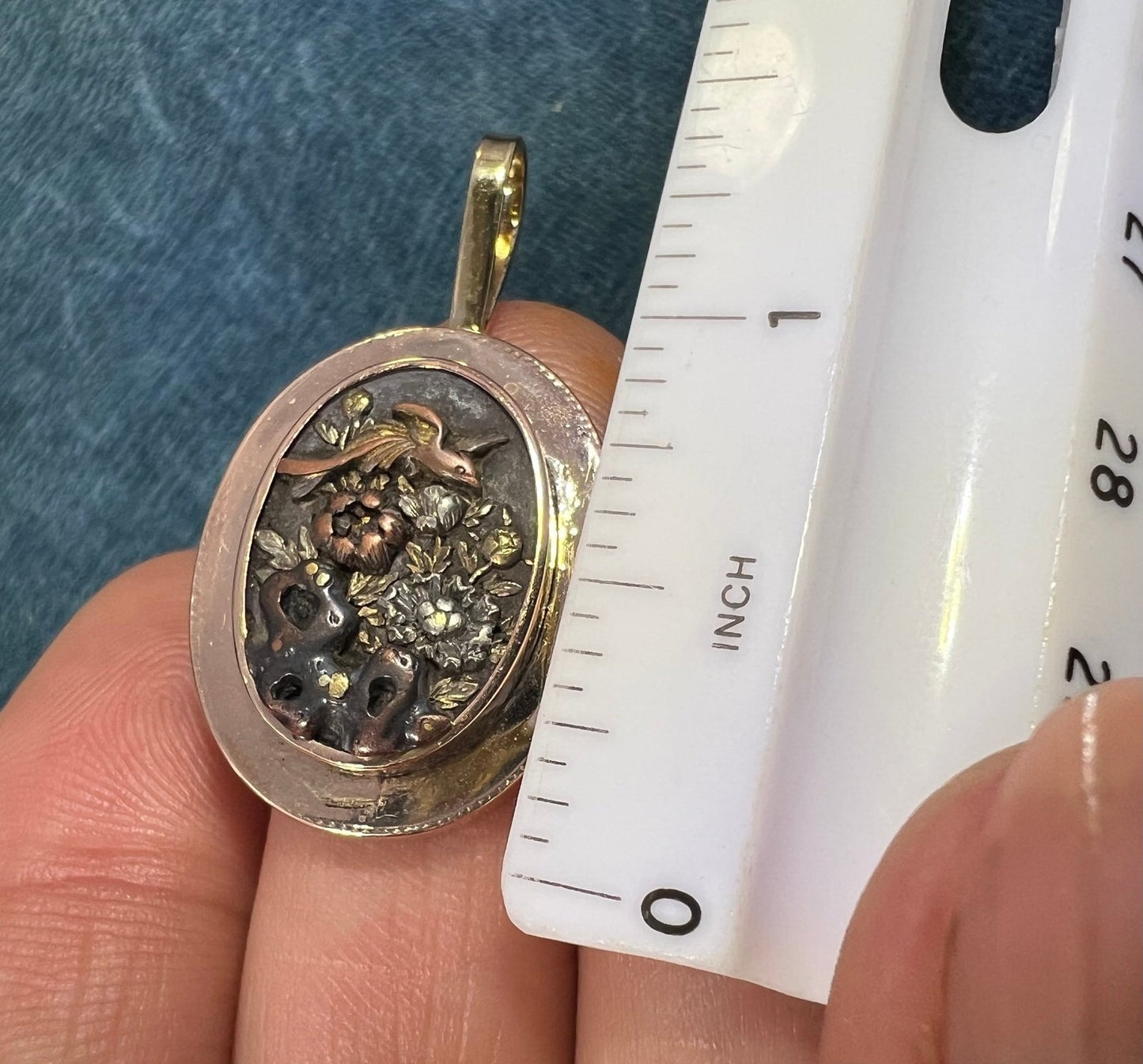 14k Gold & Copper Japanese SHAKUDO Birds + Flowers Pendant - R