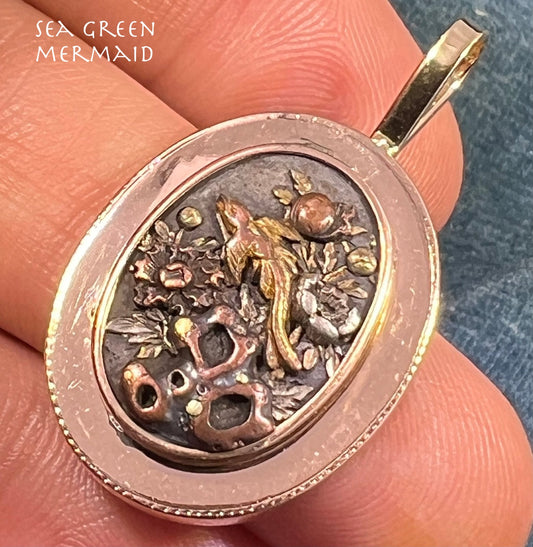 14k Gold & Copper Japanese SHAKUDO Birds + Flowers Pendant - L