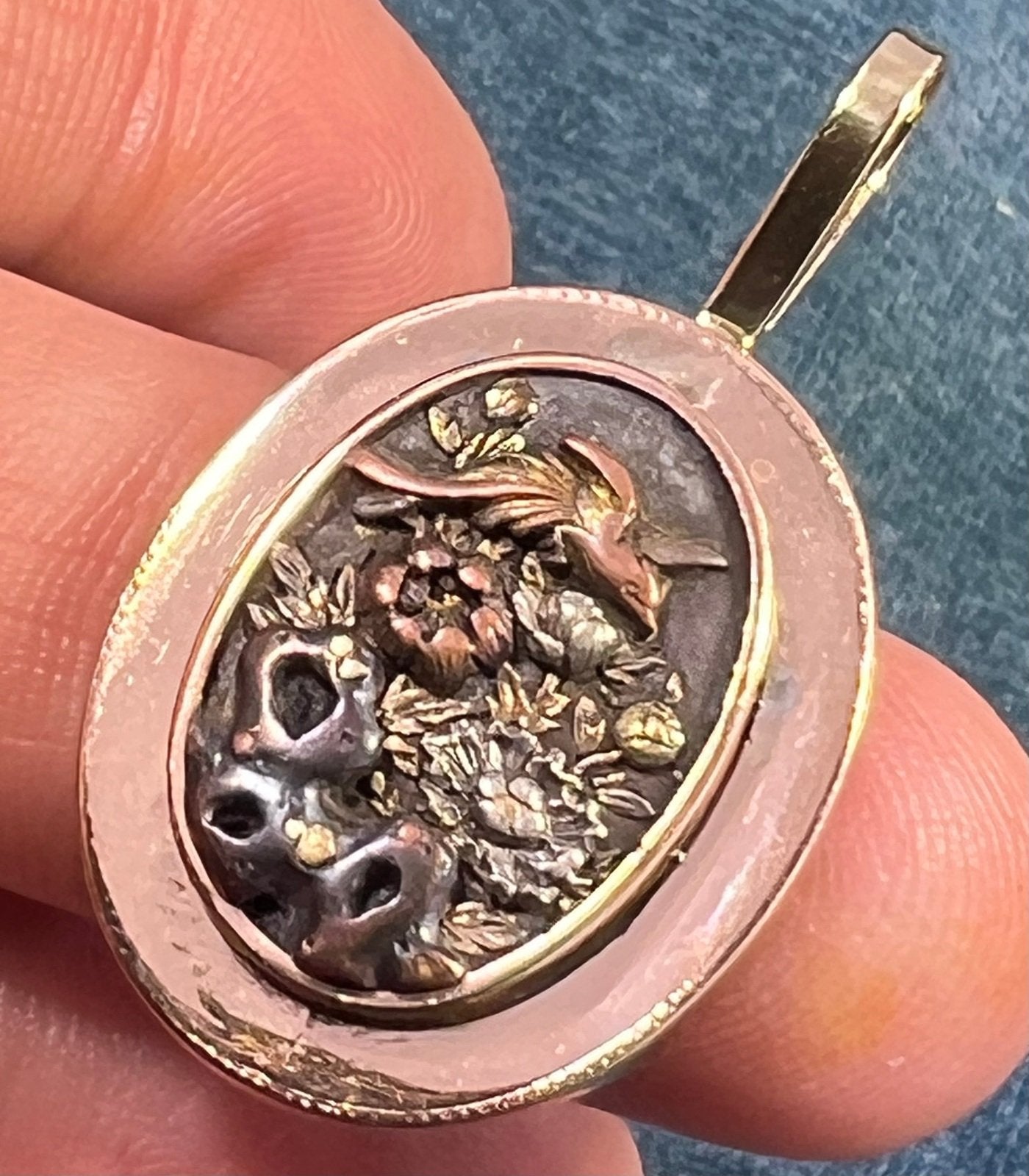 14k Gold & Copper Japanese SHAKUDO Birds + Flowers Pendant - R