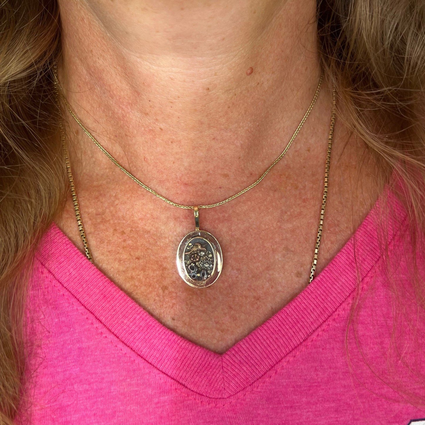 14k Gold & Copper Japanese SHAKUDO Birds + Flowers Pendant - L