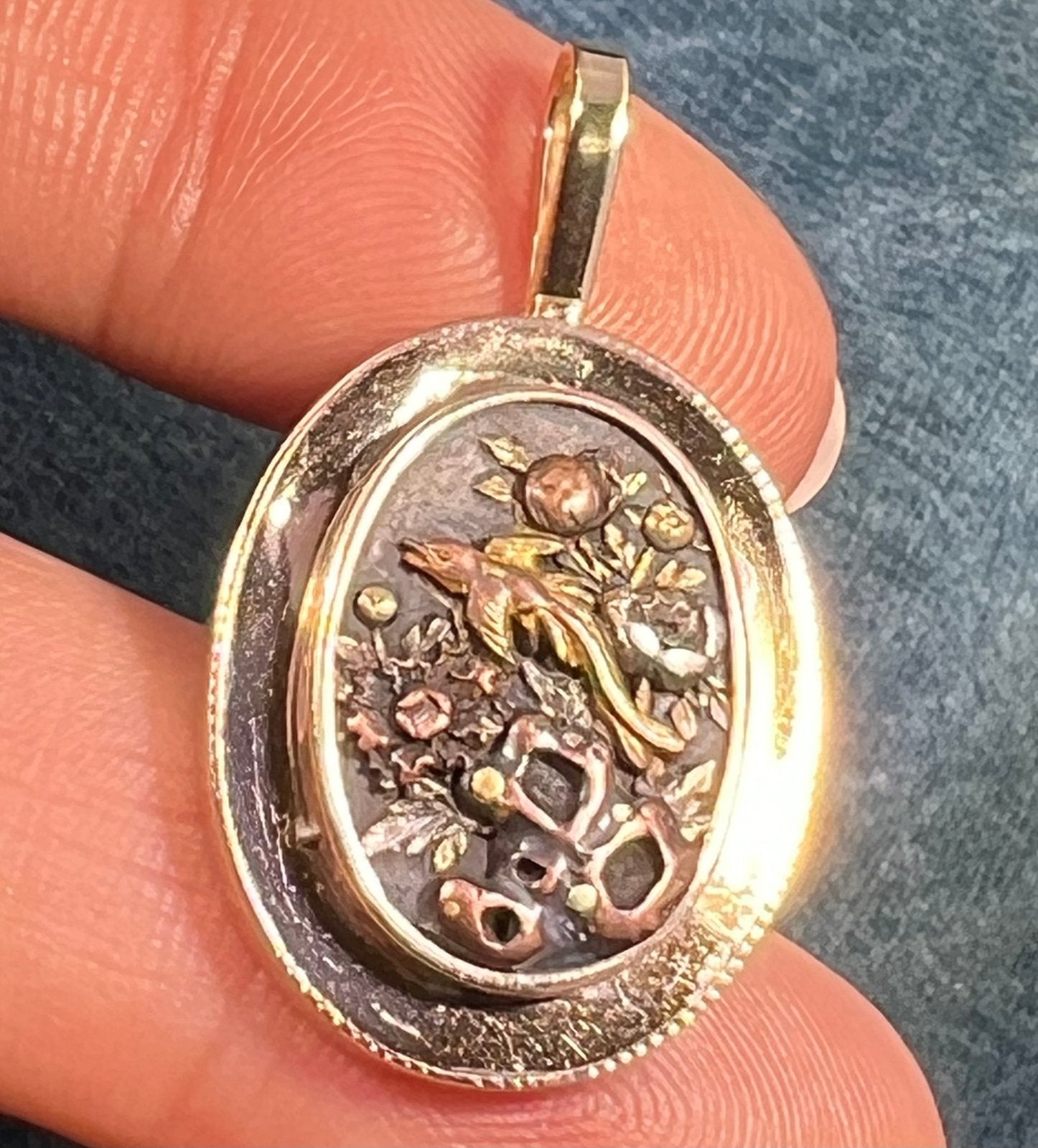 14k Gold & Copper Japanese SHAKUDO Birds + Flowers Pendant - L