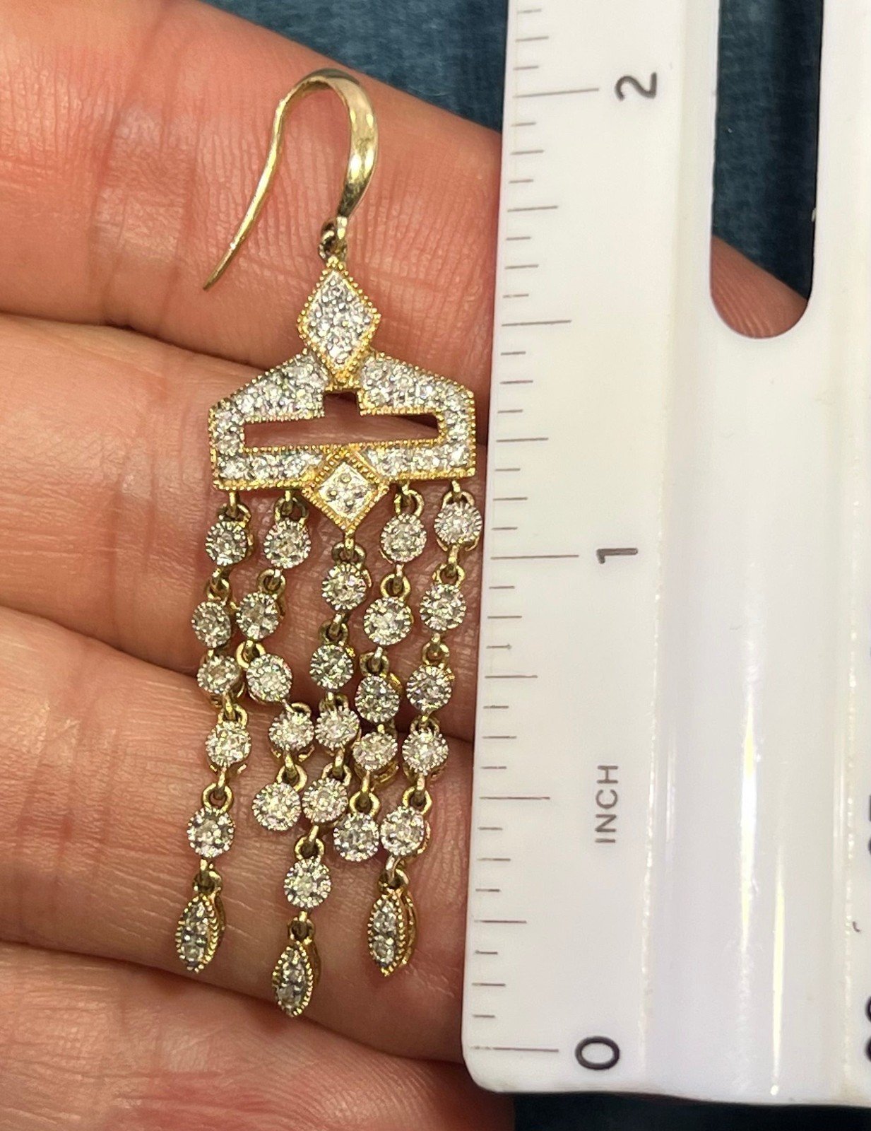 14k Gold Diamond Art Deco Style Chandelier Fringe Statement Earrings. 2"