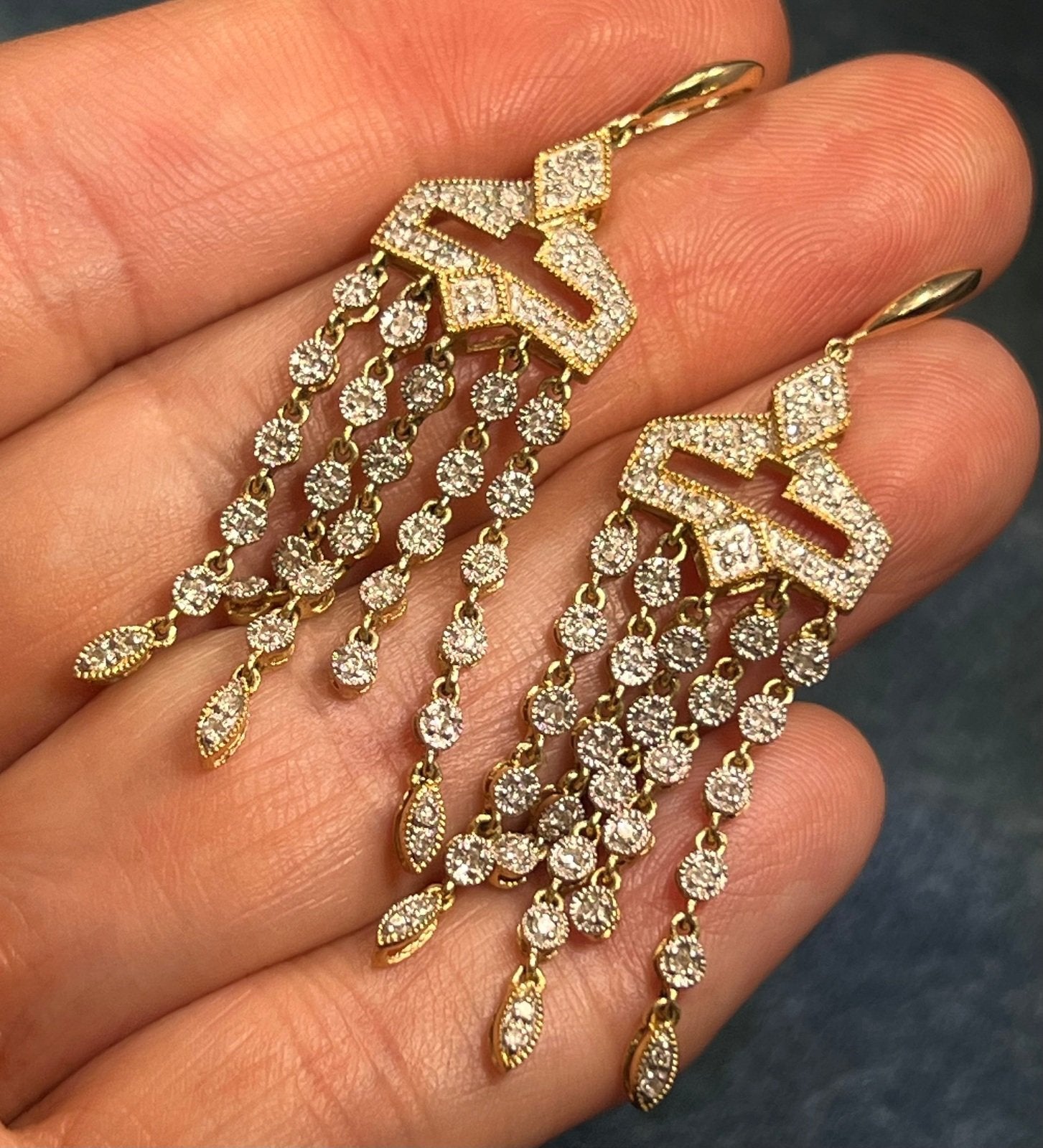 14k Gold Diamond Art Deco Style Chandelier Fringe Statement Earrings. 2"