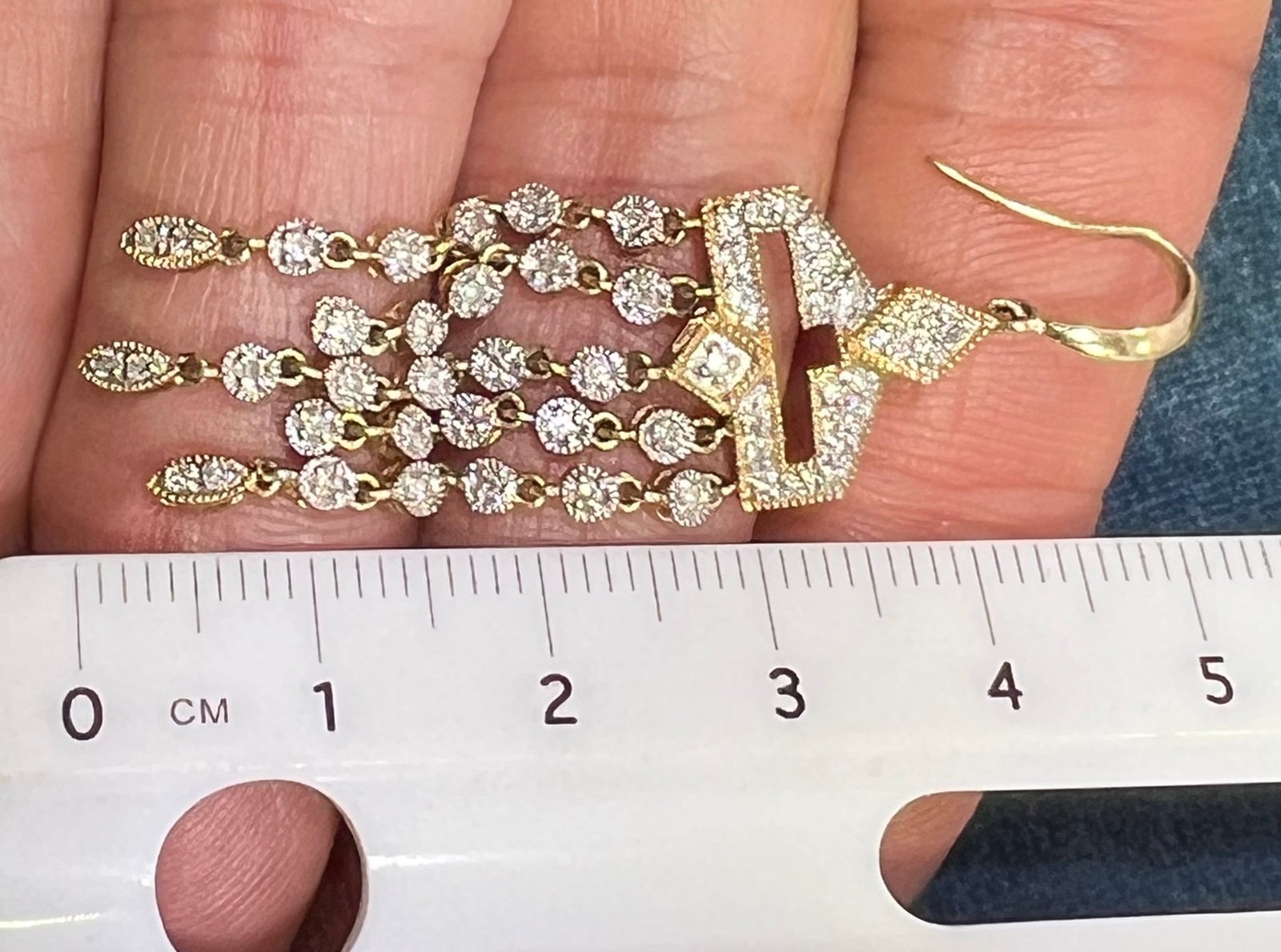 14k Gold Diamond Art Deco Style Chandelier Fringe Statement Earrings. 2"