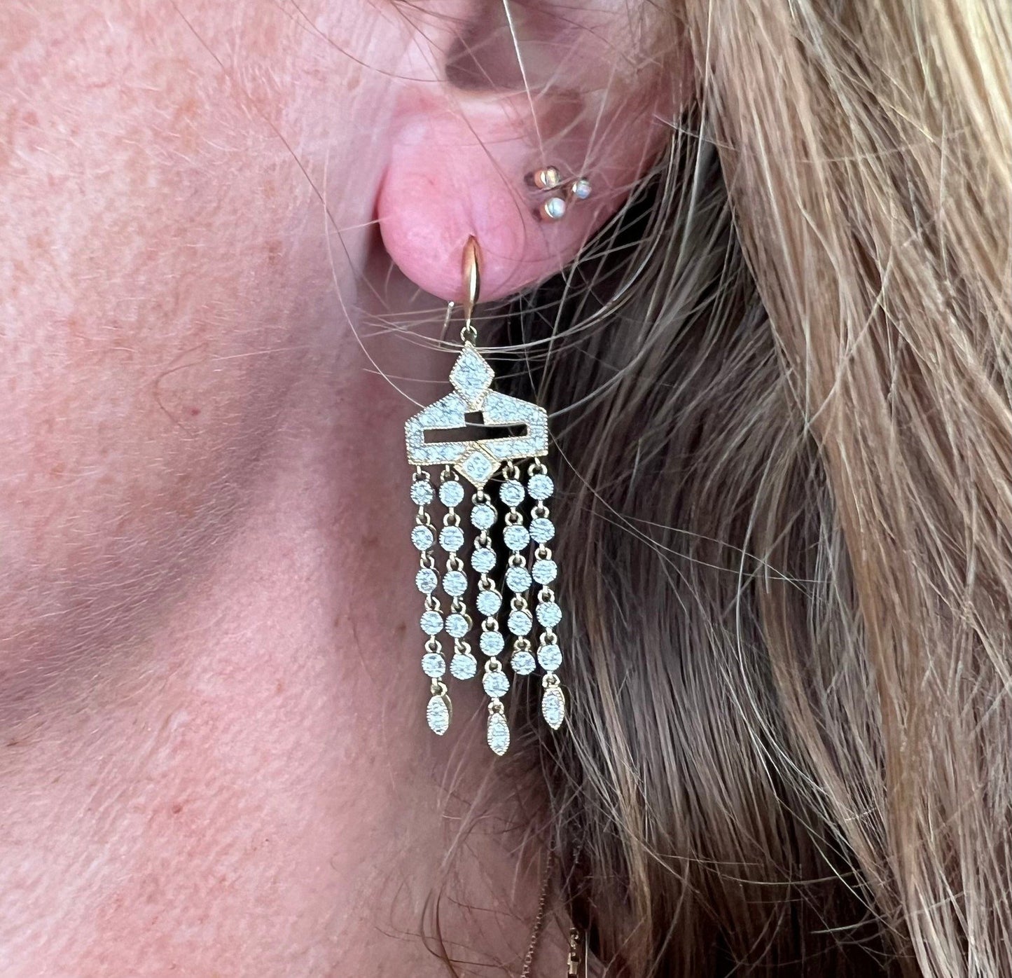 14k Gold Diamond Art Deco Style Chandelier Fringe Statement Earrings. 2"