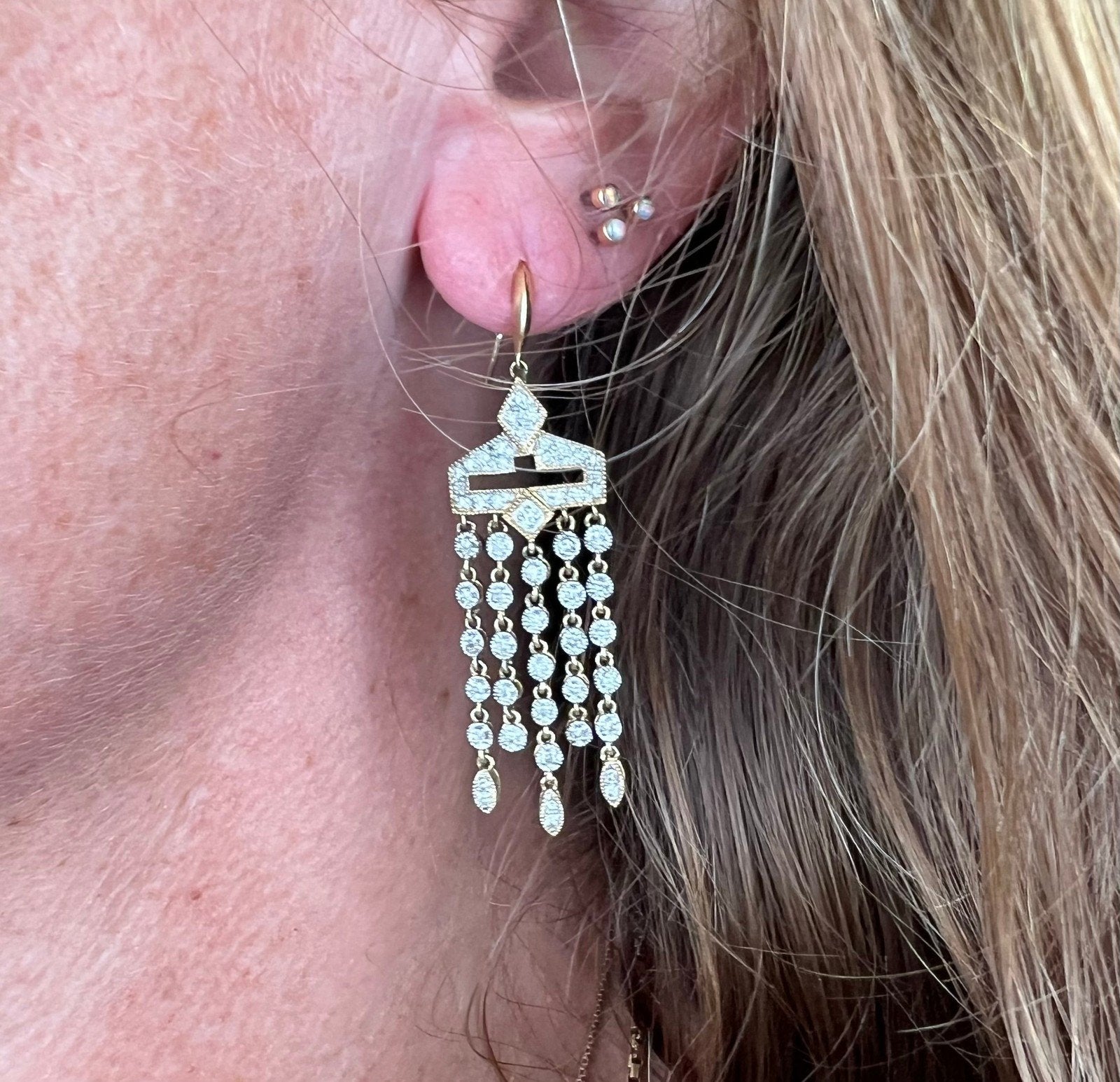 14k Gold Diamond Art Deco Style Chandelier Fringe Statement Earrings. 2"