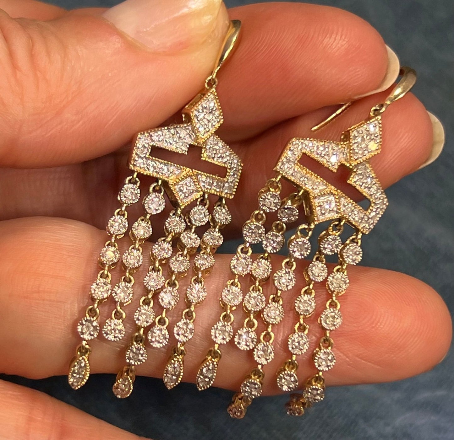 14k Gold Diamond Art Deco Style Chandelier Fringe Statement Earrings. 2"