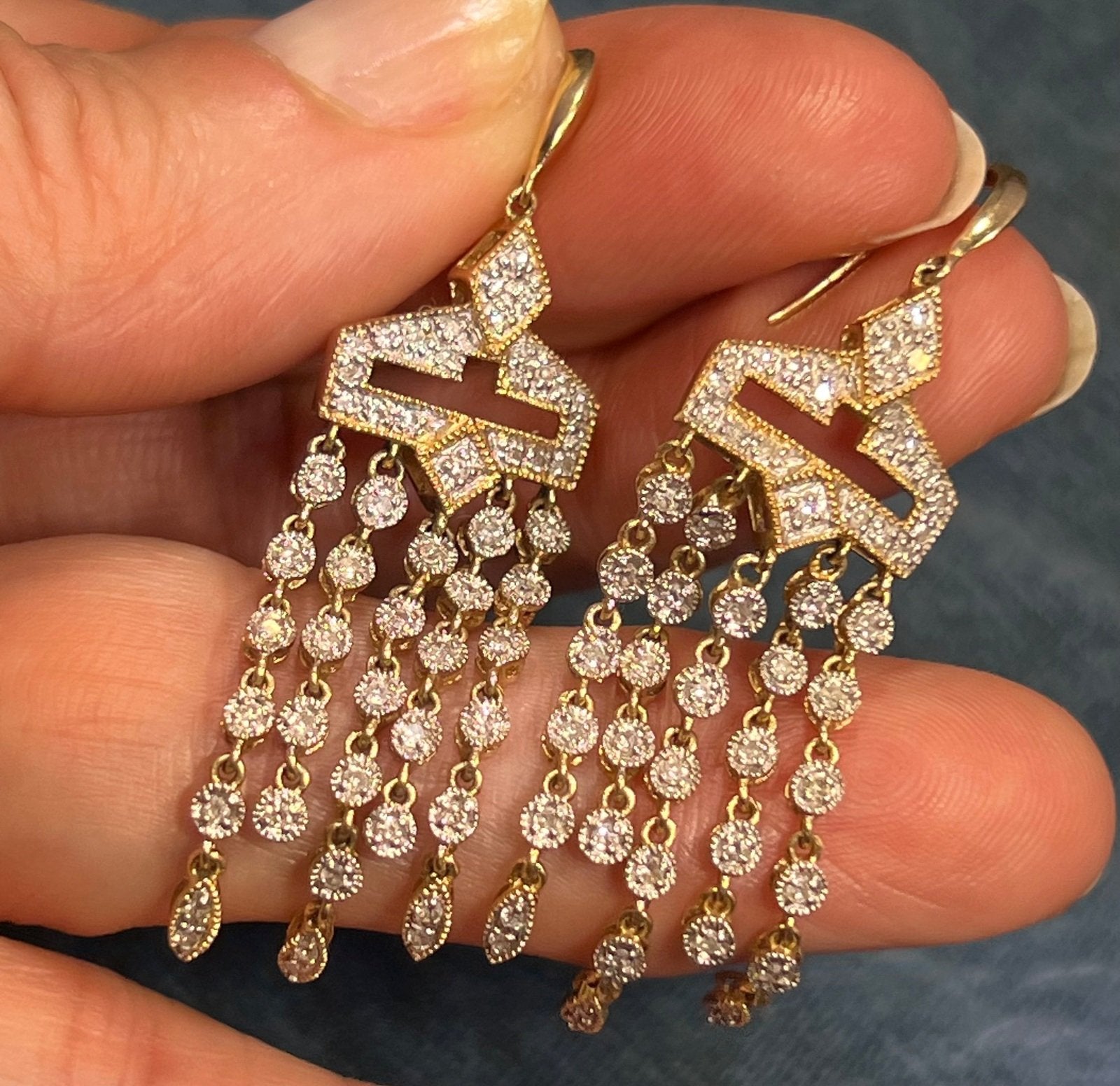 14k Gold Diamond Art Deco Style Chandelier Fringe Statement Earrings. 2"