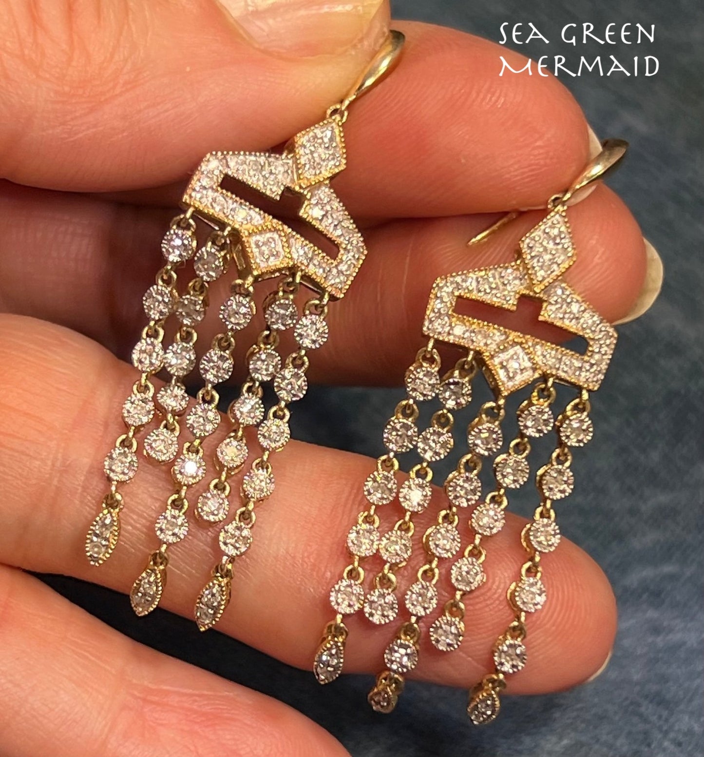 14k Gold Diamond Art Deco Style Chandelier Fringe Statement Earrings. 2"