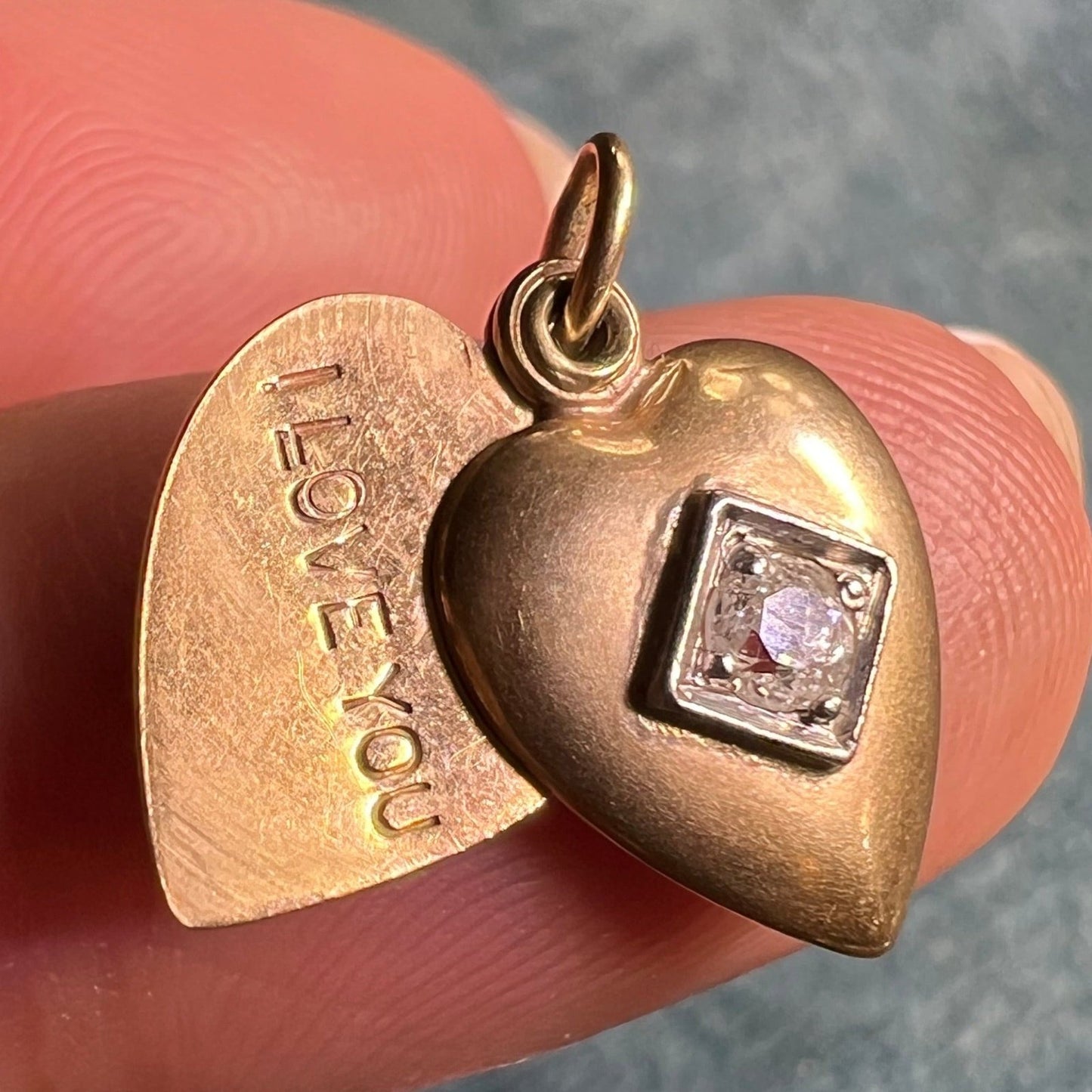 14k Gold Diamond Heart Sliding Locket Pendant. "I Love You" *TINY*