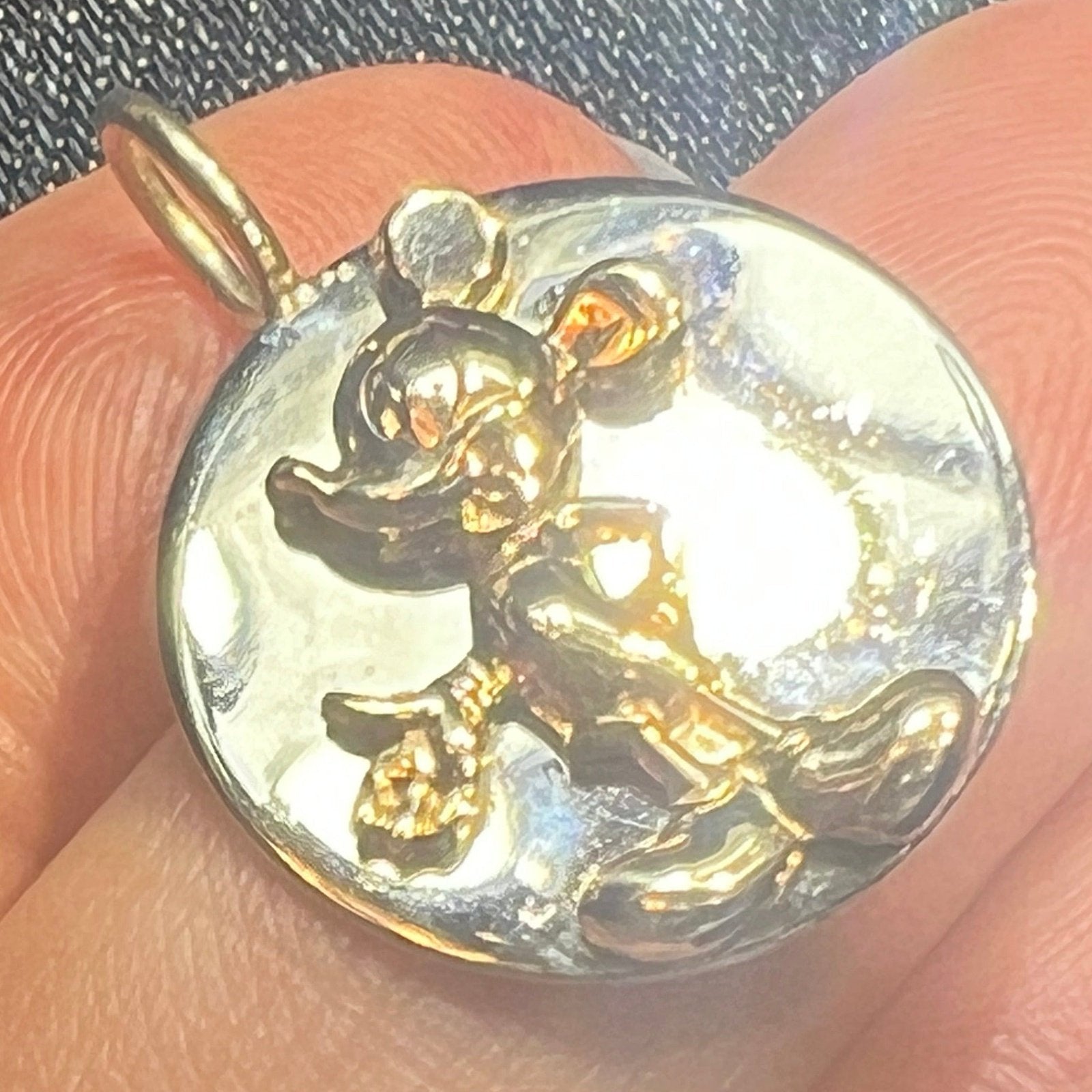 14k Gold Disney Mickey Mouse on 925 Silver Medallion Pendant. 1" -L