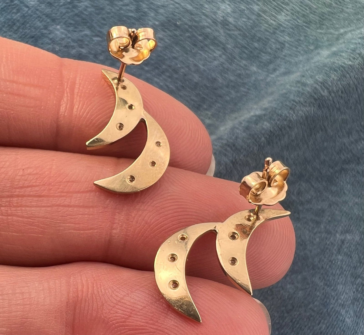 14k Gold Double Crescent Moon Earrings w Gypsy Set Diamonds