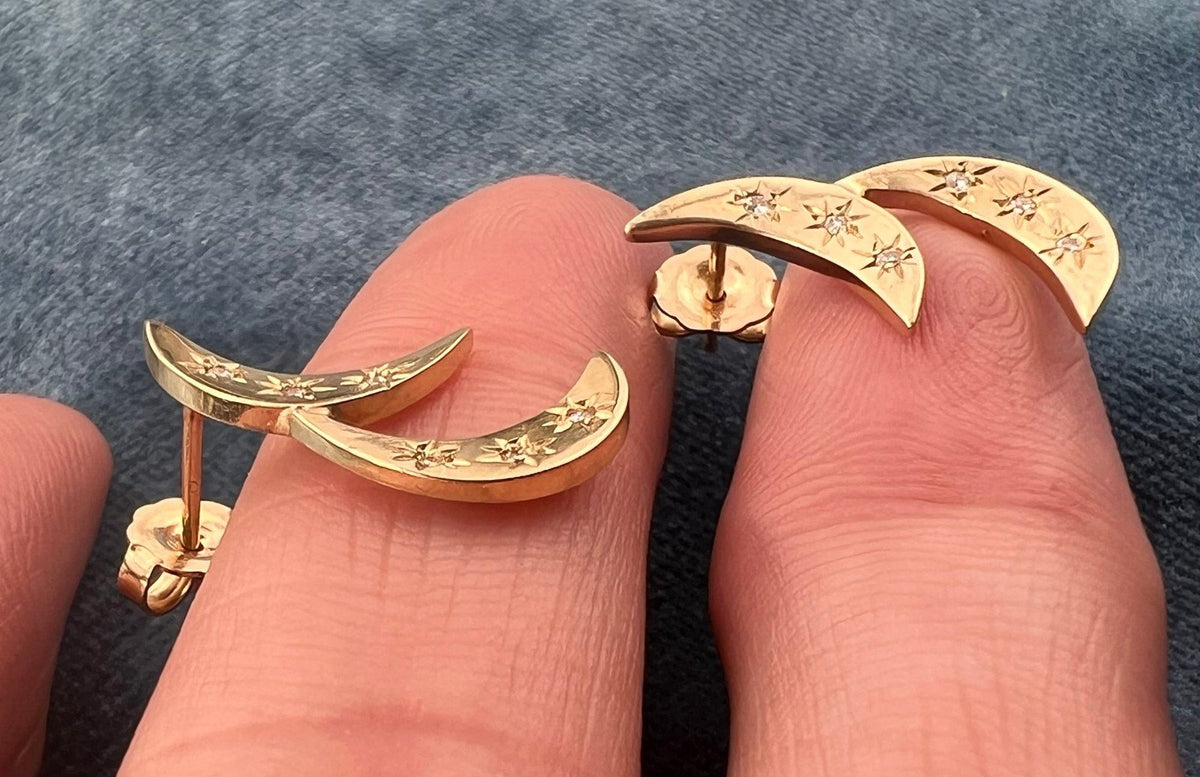 14k Gold Double Crescent Moon Earrings w Gypsy Set Diamonds