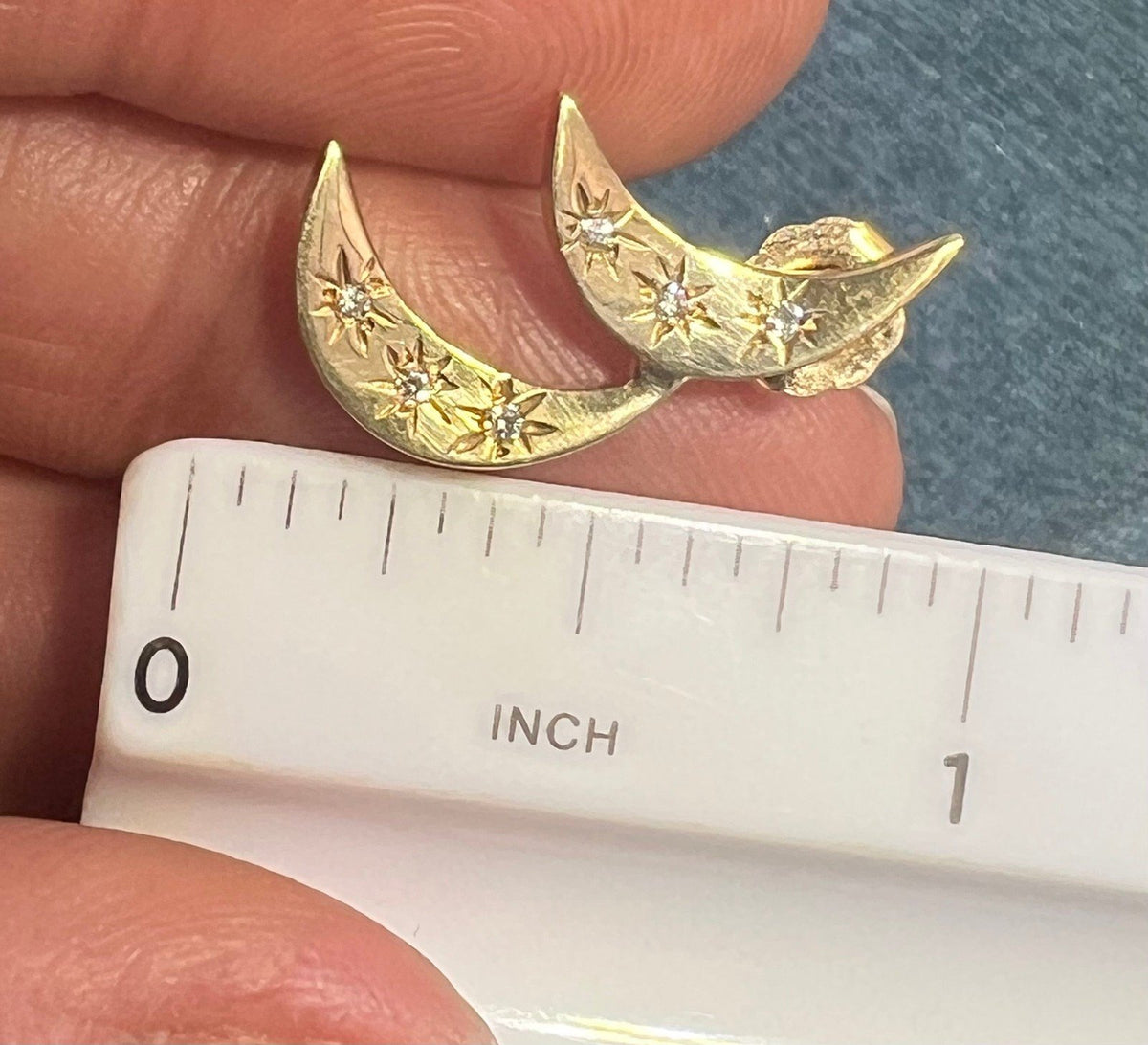 14k Gold Double Crescent Moon Earrings w Gypsy Set Diamonds