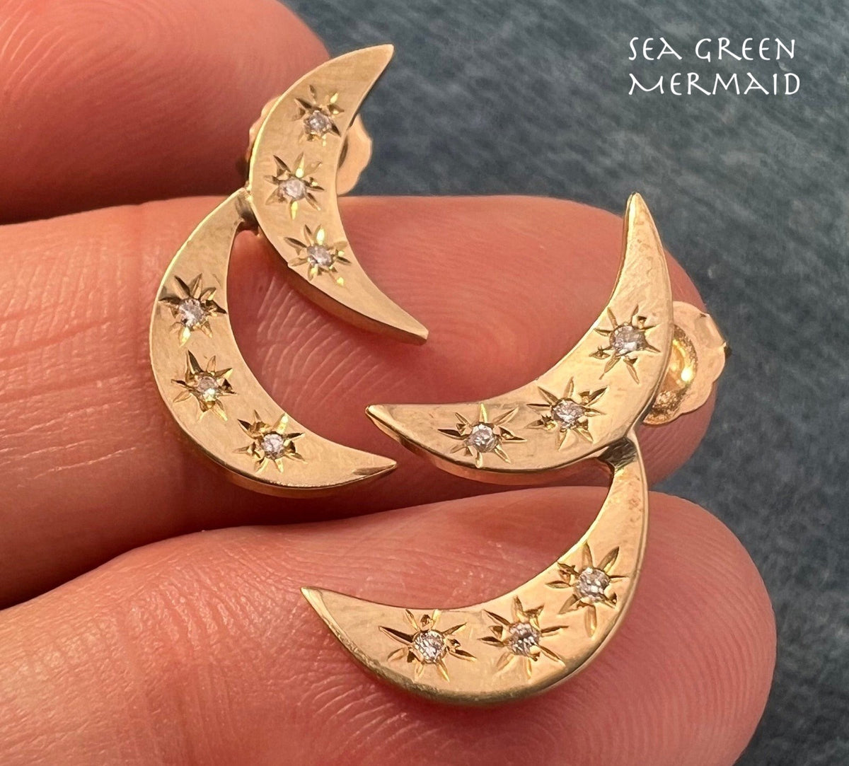 14k Gold Double Crescent Moon Earrings w Gypsy Set Diamonds