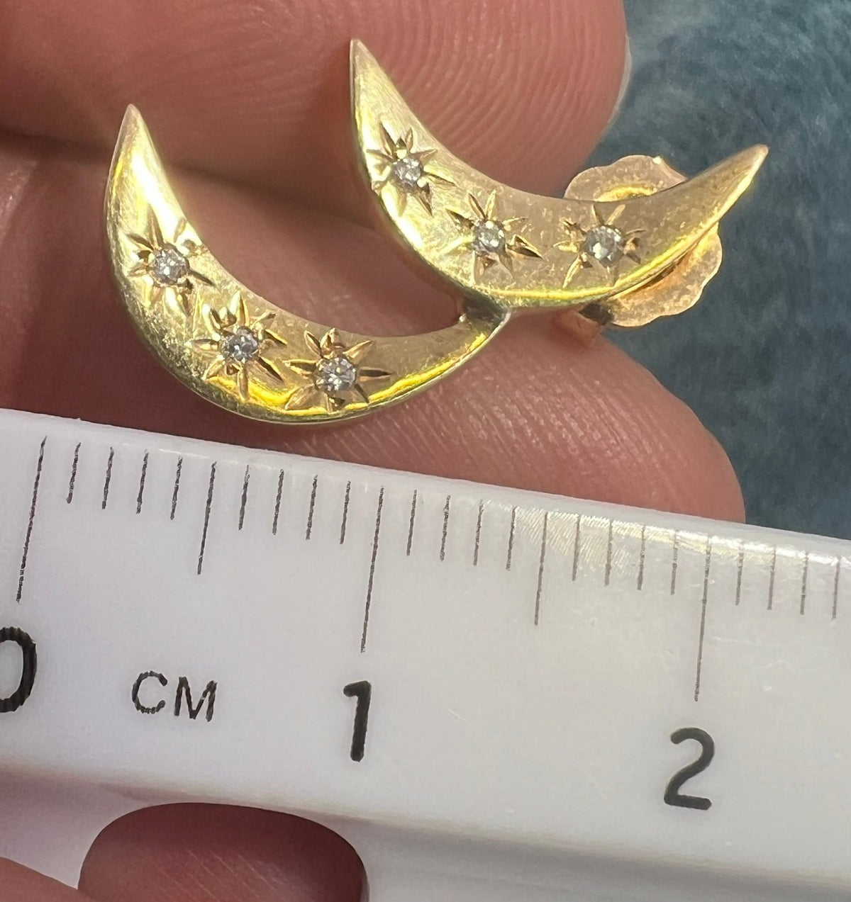 14k Gold Double Crescent Moon Earrings w Gypsy Set Diamonds