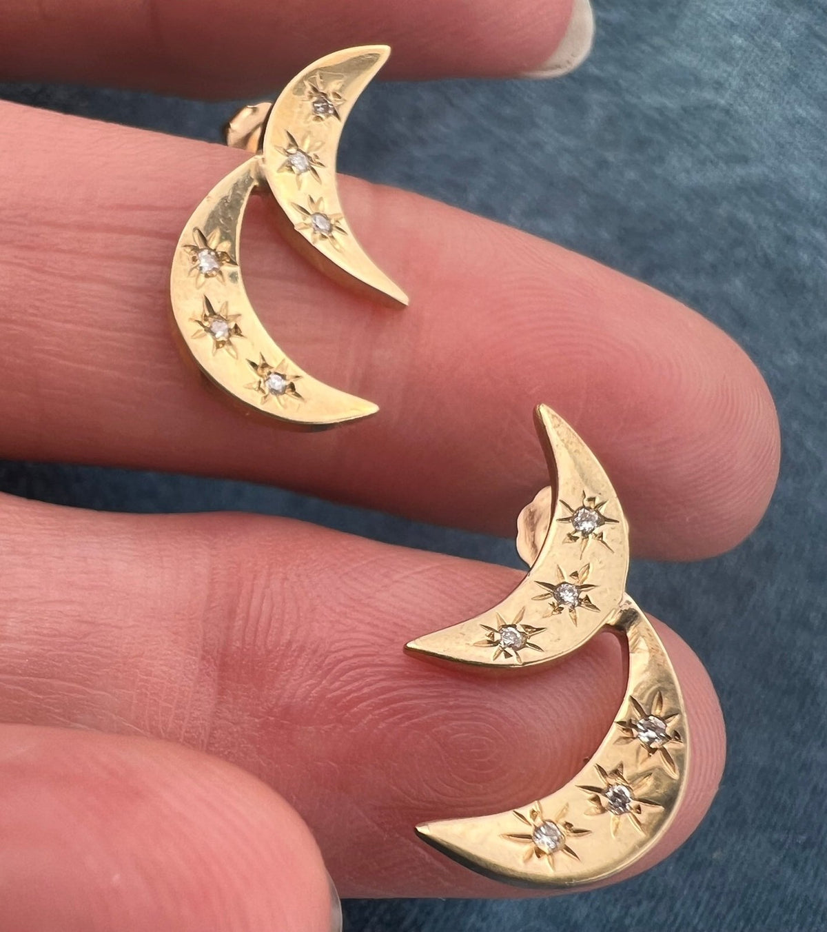 14k Gold Double Crescent Moon Earrings w Gypsy Set Diamonds
