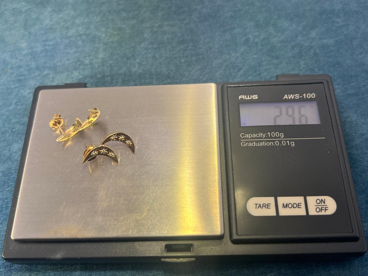 14k Gold Double Crescent Moon Earrings w Gypsy Set Diamonds