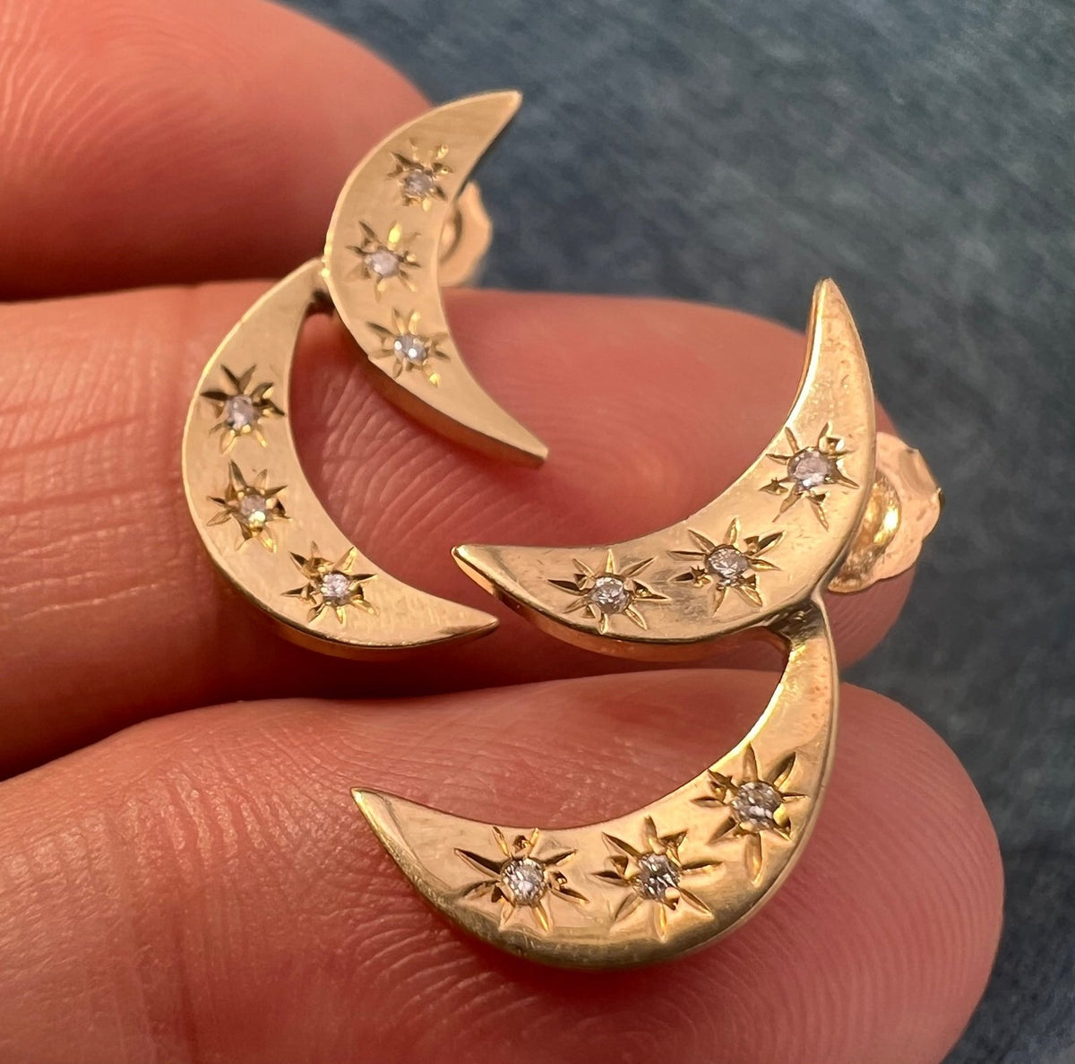 14k Gold Double Crescent Moon Earrings w Gypsy Set Diamonds