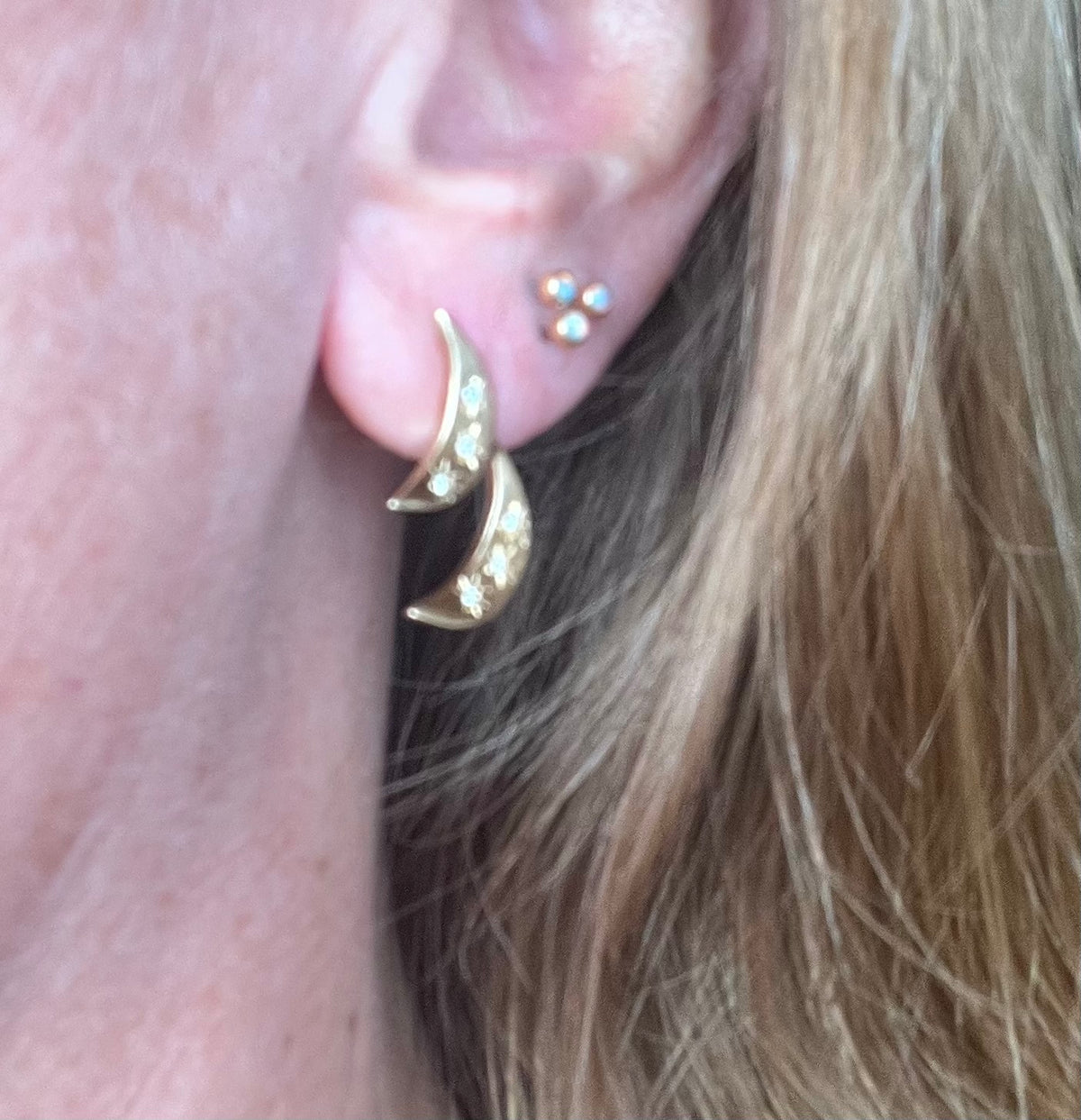 14k Gold Double Crescent Moon Earrings w Gypsy Set Diamonds