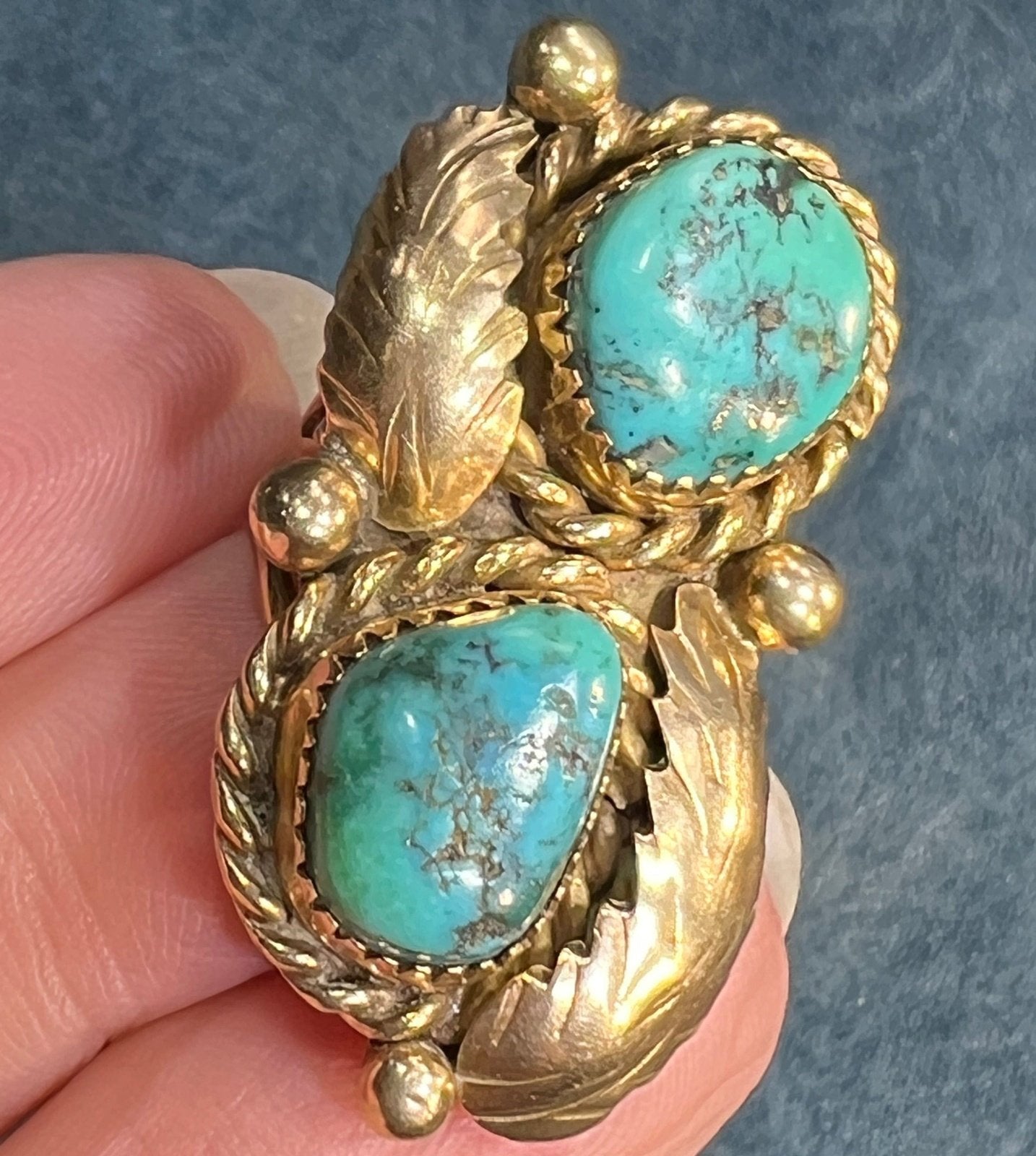 14k Gold Double Turquoise Feather Design Ring. 13g + 1.4" *Video*