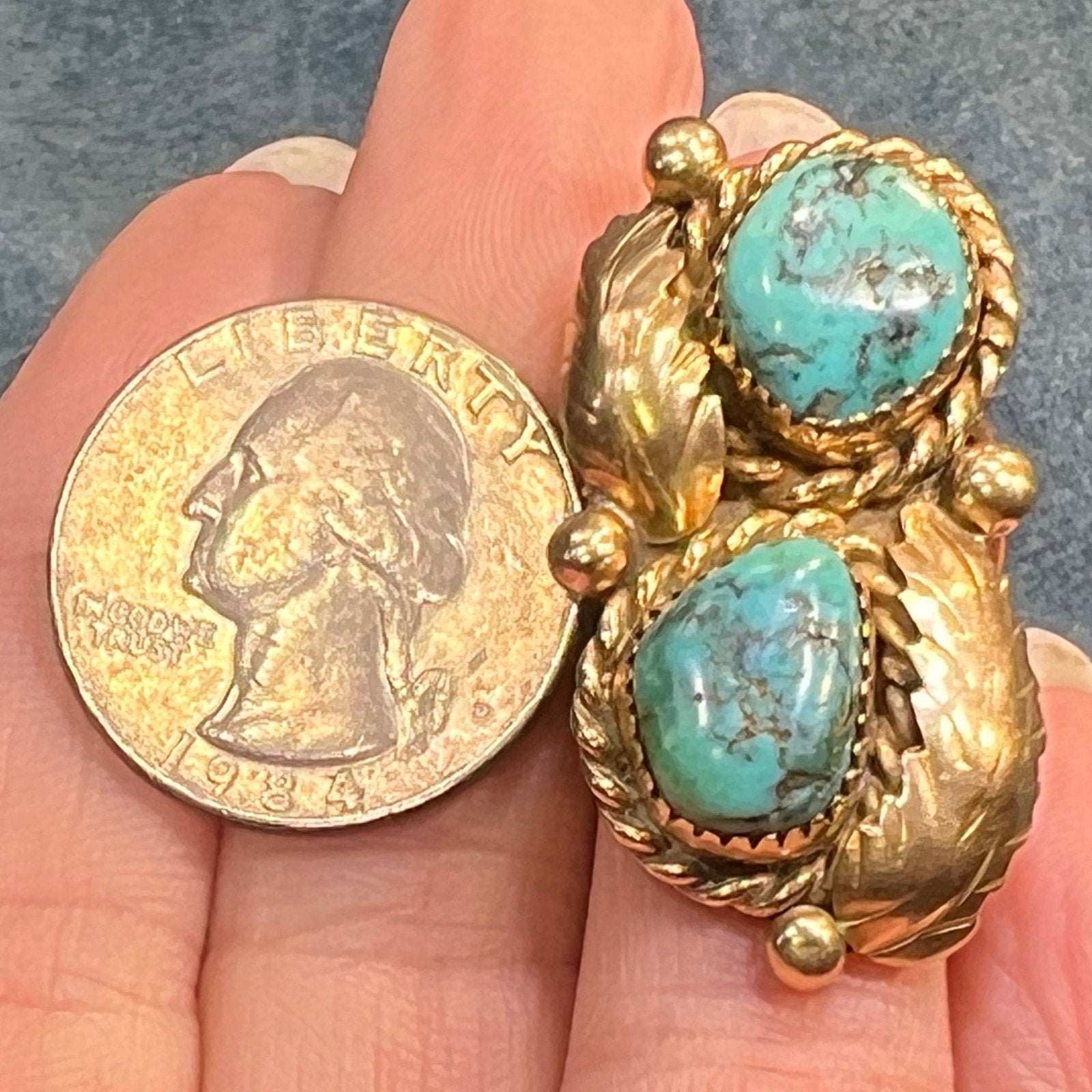 14k Gold Double Turquoise Feather Design Ring. 13g + 1.4" *Video*