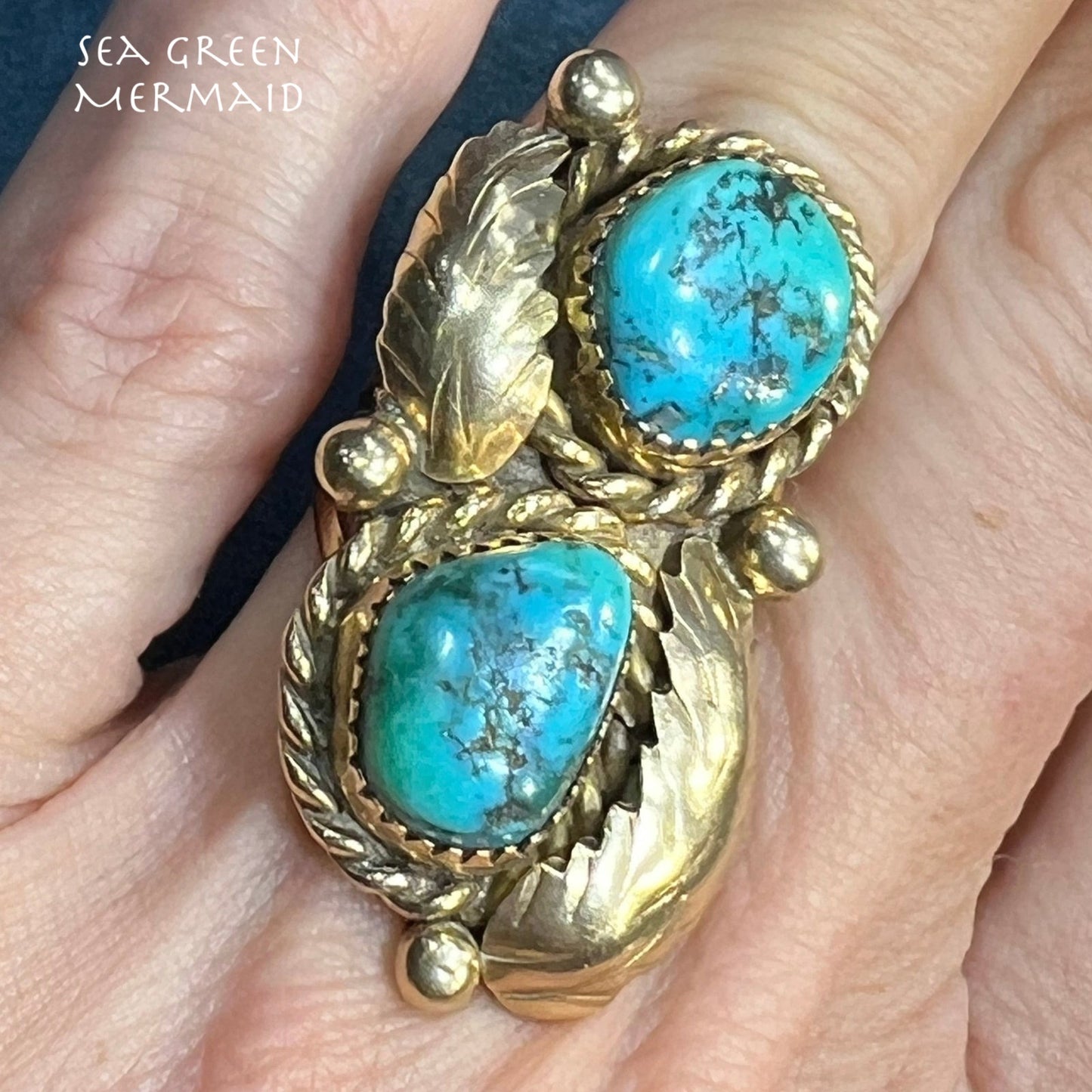 14k Gold Double Turquoise Feather Design Ring. 13g + 1.4" *Video*