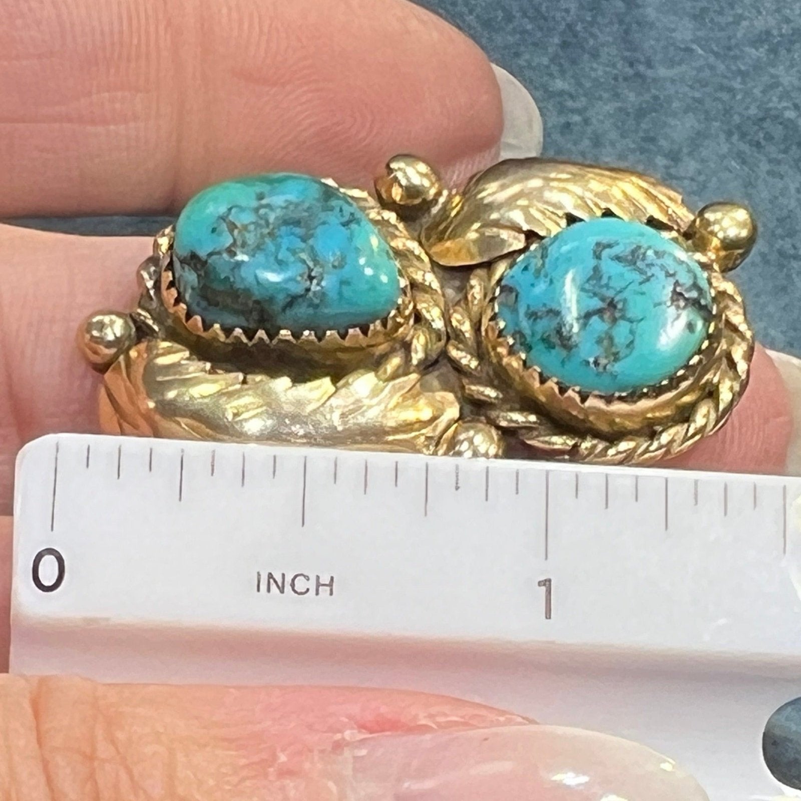 14k Gold Double Turquoise Feather Design Ring. 13g + 1.4" *Video*