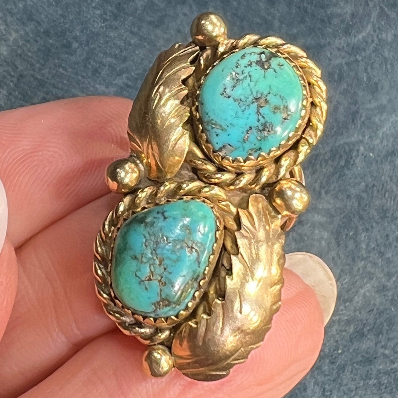 14k Gold Double Turquoise Feather Design Ring. 13g + 1.4" *Video*