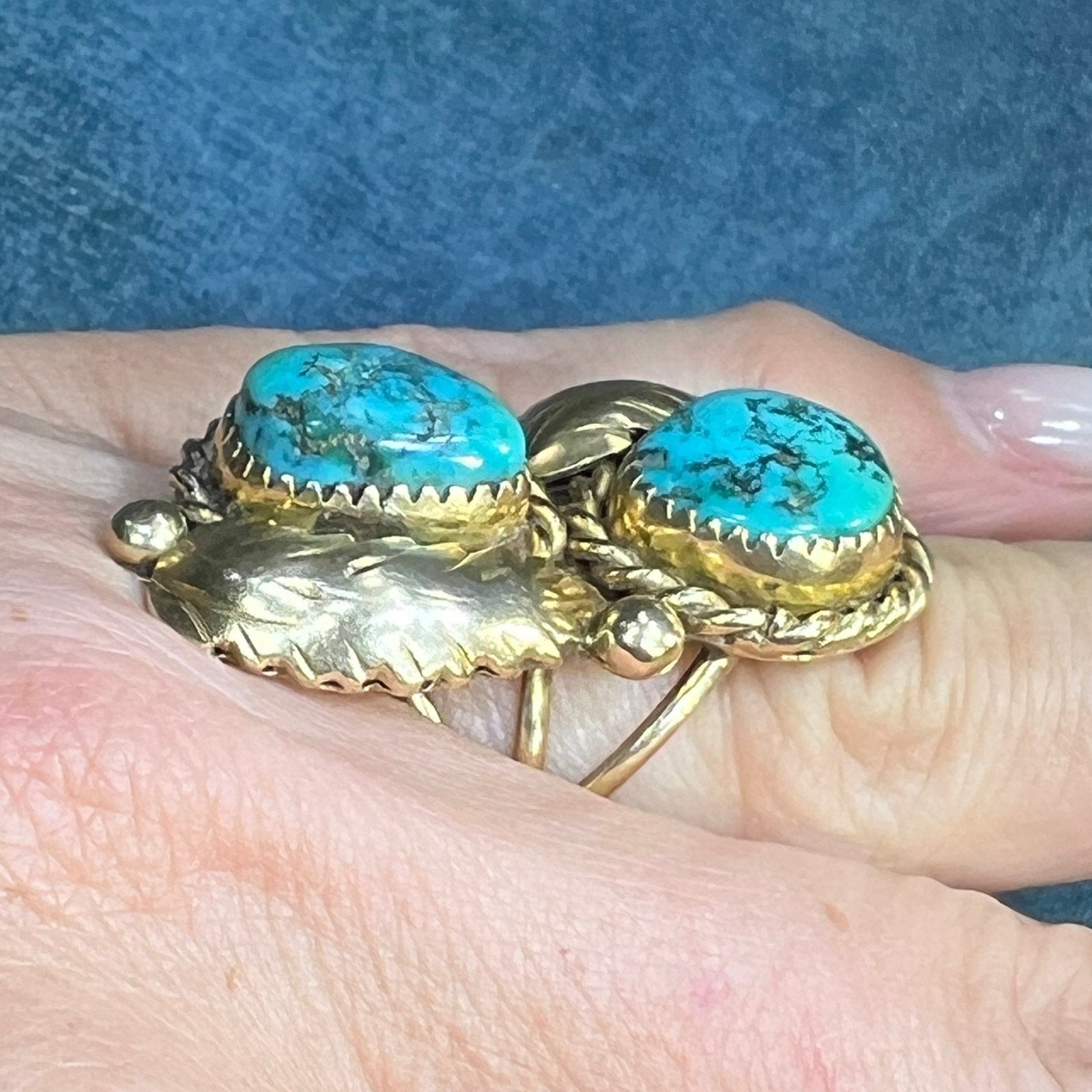 14k Gold Double Turquoise Feather Design Ring. 13g + 1.4" *Video*