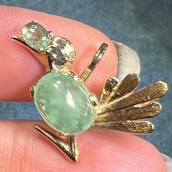 14k Gold Emerald Cabochon Jelly Belly BIRD Pendant. Antique *Video*