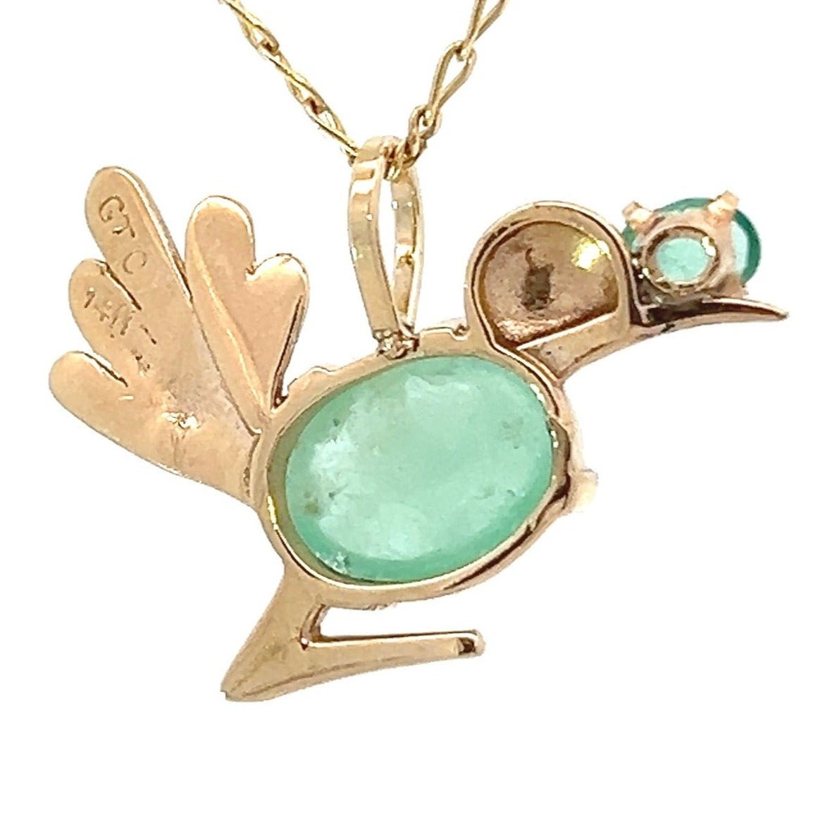 14k Gold Emerald Cabochon Jelly Belly BIRD Pendant. Antique *Video*