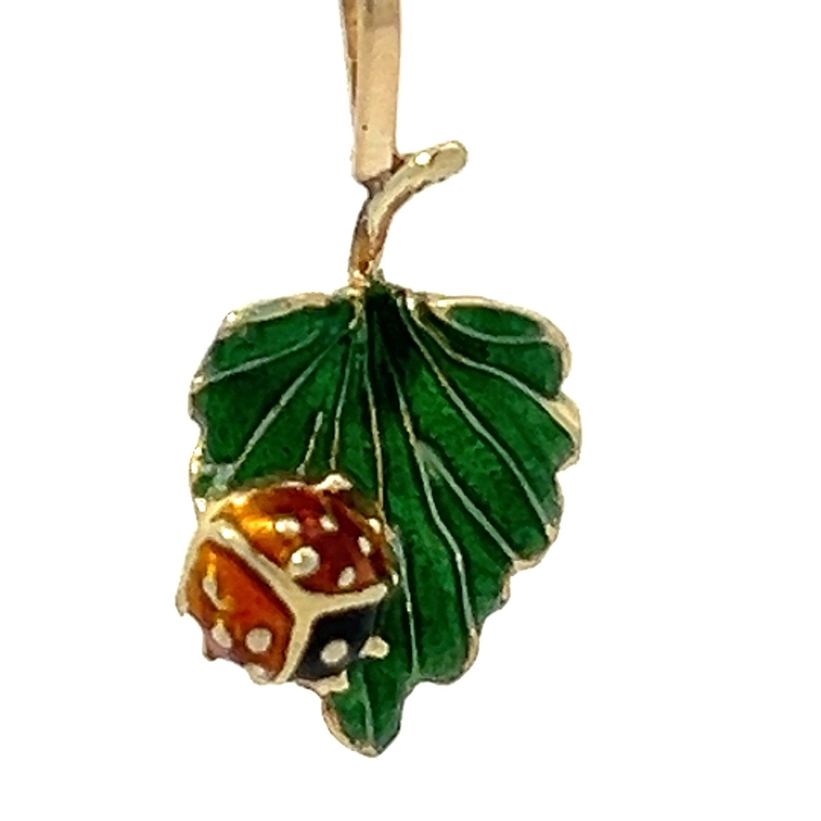 14k Gold Enamel Ladybug on Leaf Antique Pendant. Tiny!