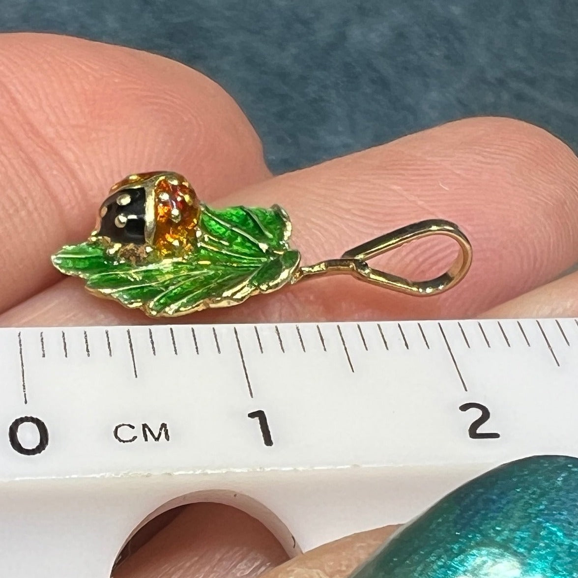 14k Gold Enamel Ladybug on Leaf Antique Pendant. Tiny!