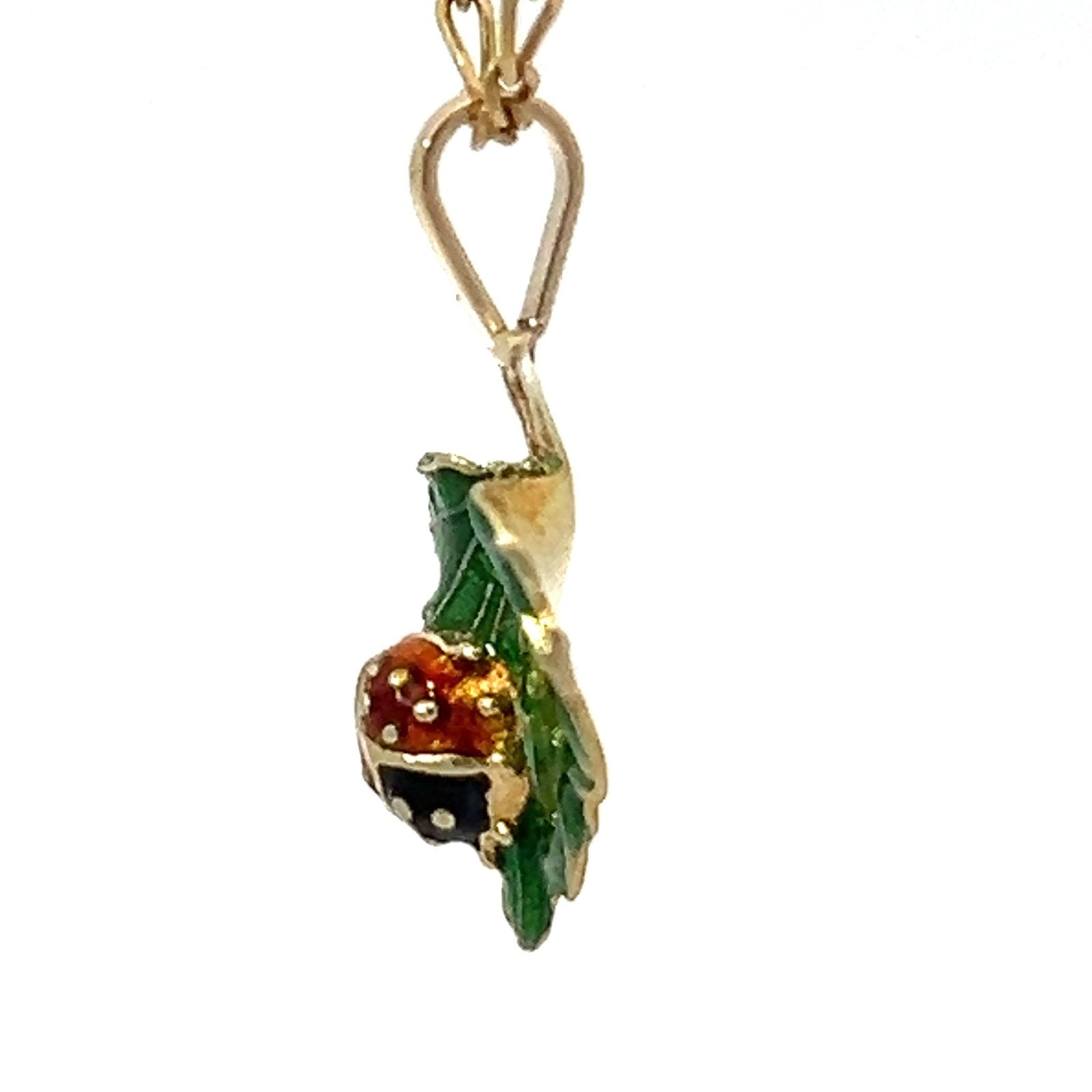 14k Gold Enamel Ladybug on Leaf Antique Pendant. Tiny!