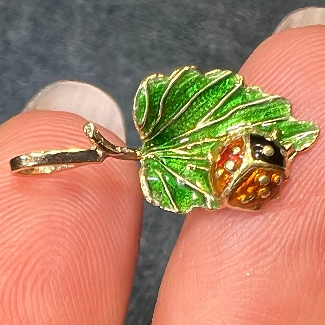 14k Gold Enamel Ladybug on Leaf Antique Pendant. Tiny!