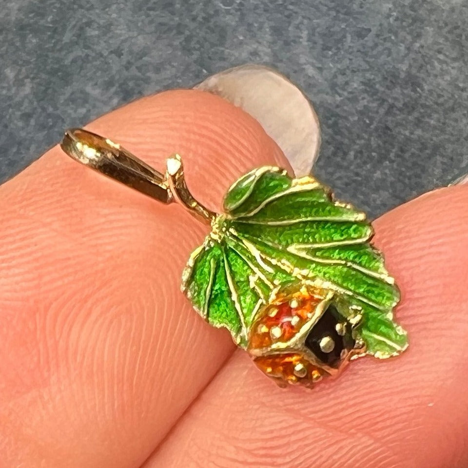 14k Gold Enamel Ladybug on Leaf Antique Pendant. Tiny!