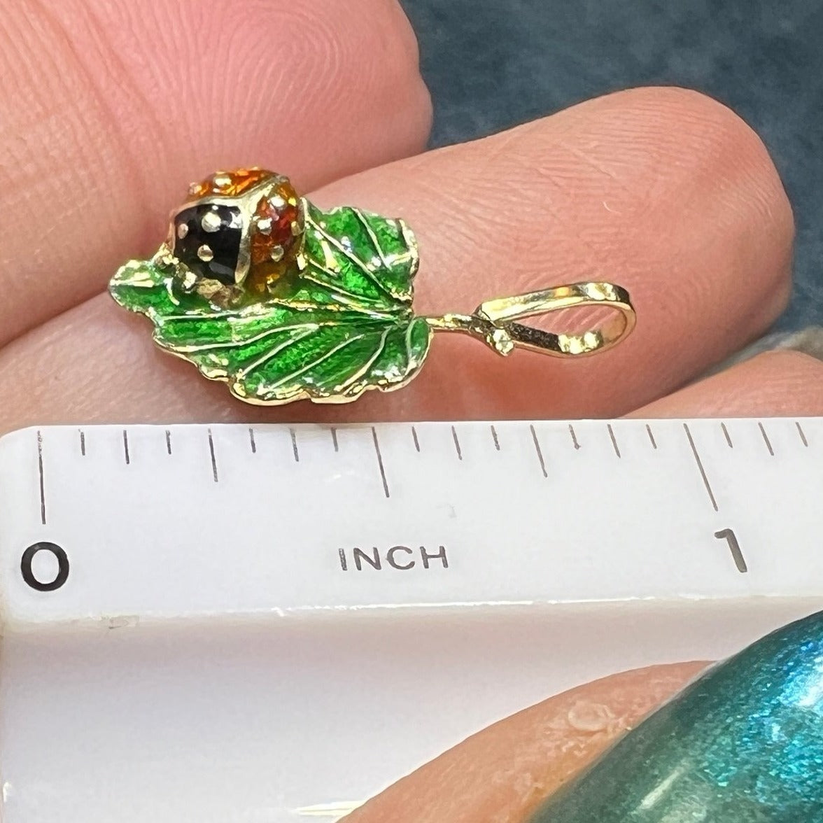 14k Gold Enamel Ladybug on Leaf Antique Pendant. Tiny!