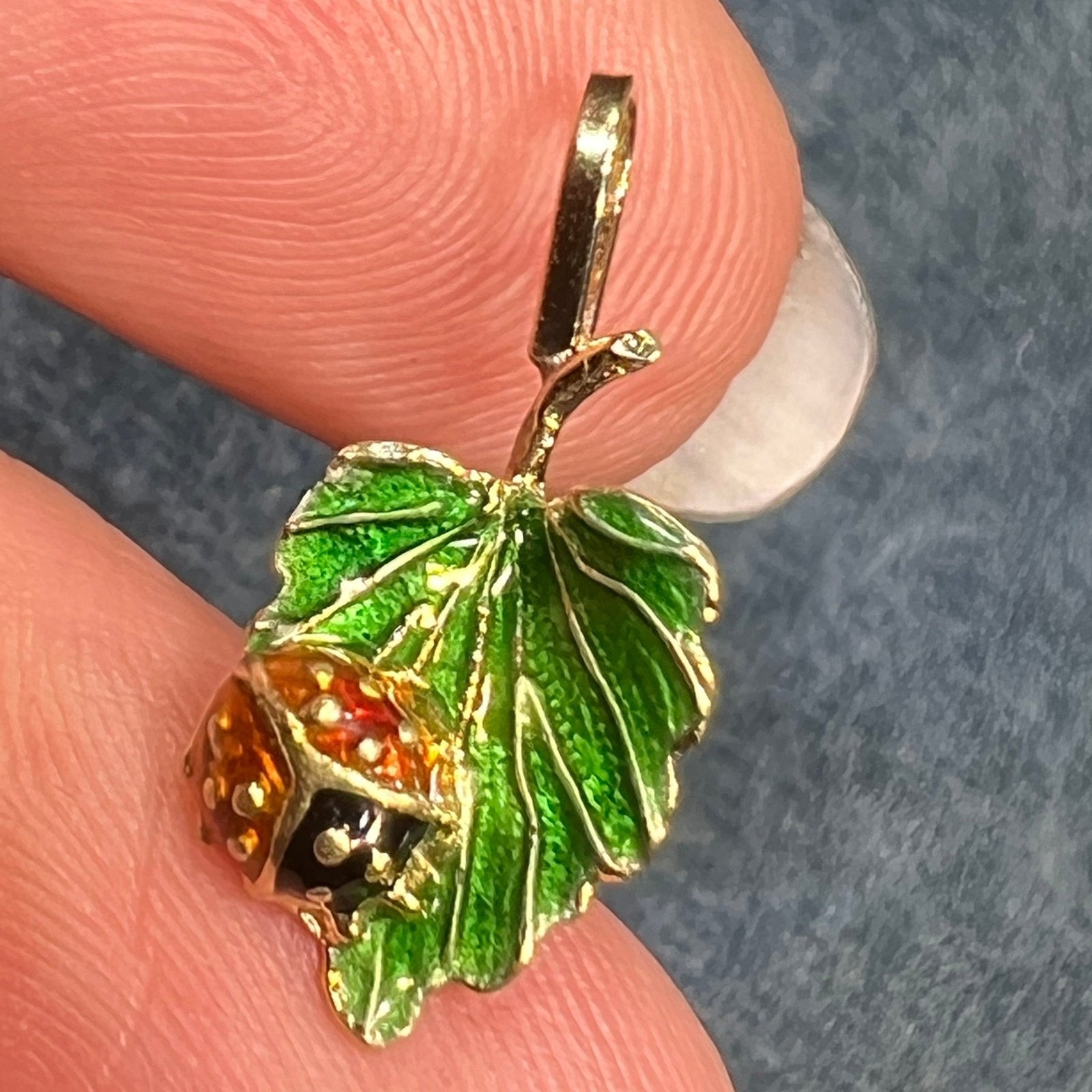 14k Gold Enamel Ladybug on Leaf Antique Pendant. Tiny!