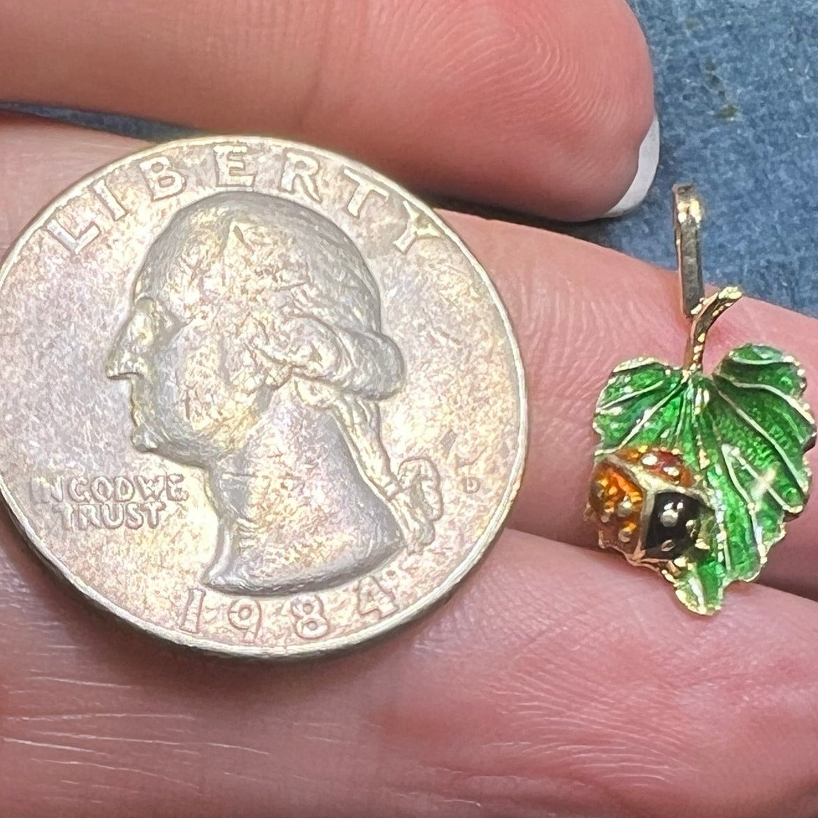 14k Gold Enamel Ladybug on Leaf Antique Pendant. Tiny!