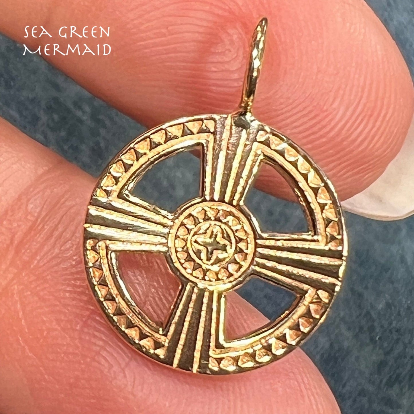 14k Gold Encircled Sunburst Cross Pendant. Famous US Designer