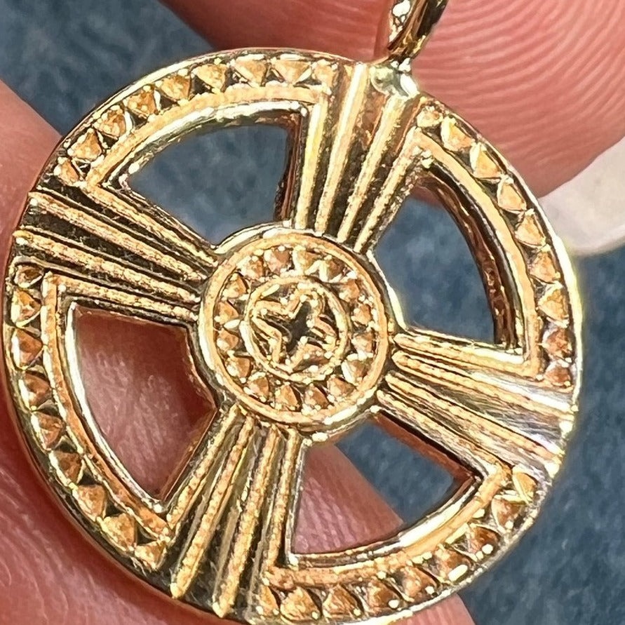 14k Gold Encircled Sunburst Cross Pendant. Famous US Designer