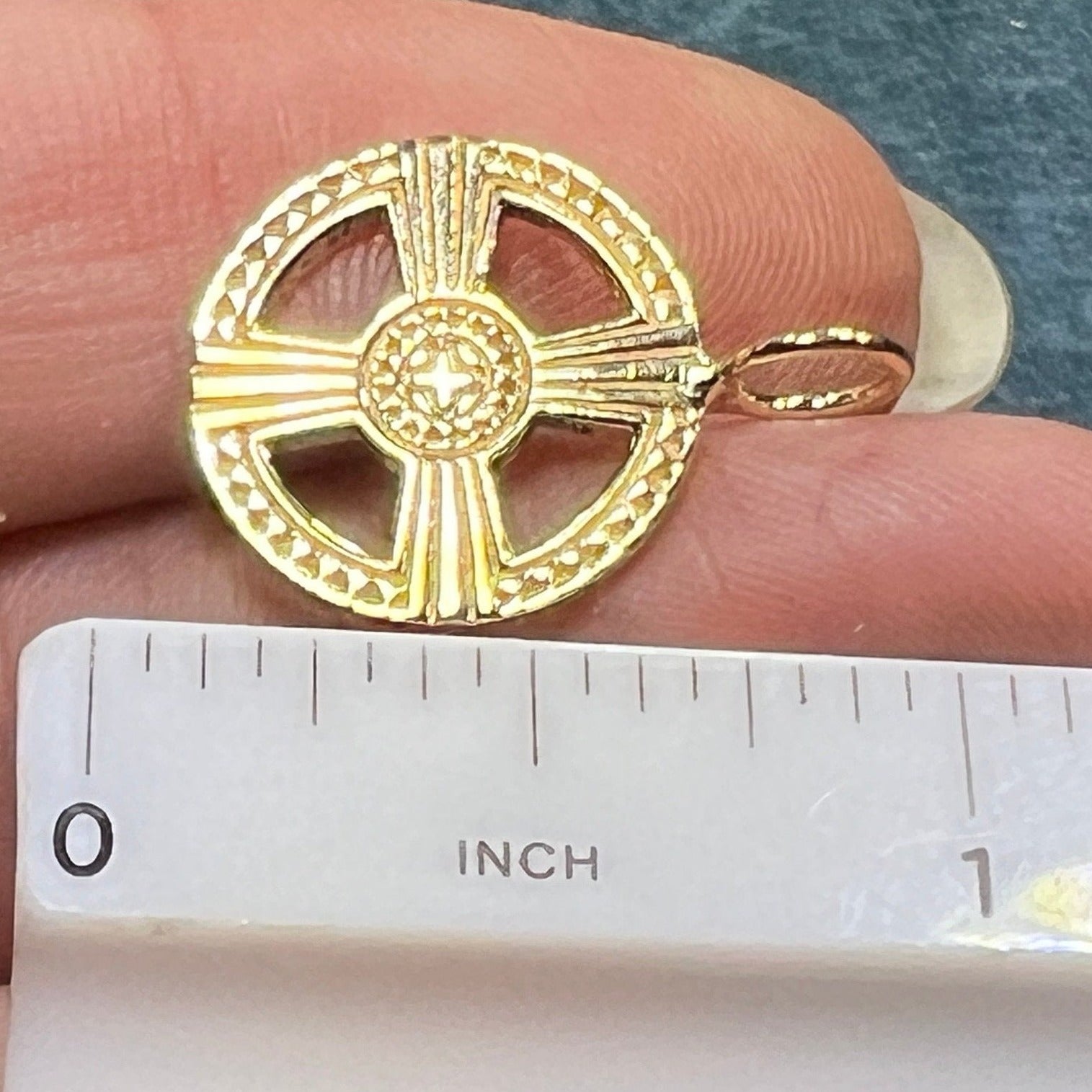 14k Gold Encircled Sunburst Cross Pendant. Famous US Designer