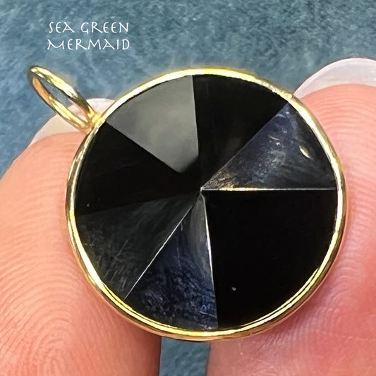 14k Gold Faceted Black Onyx Circle Full Moon Pendant. Art Deco