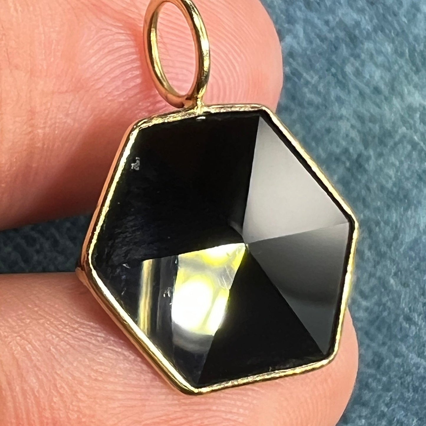 14k Gold Faceted Black Onyx Hexagon Pendant. Art Deco