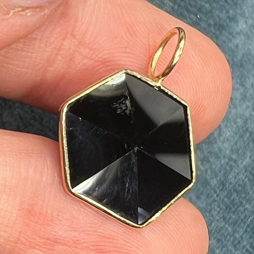 14k Gold Faceted Black Onyx Hexagon Pendant. Art Deco