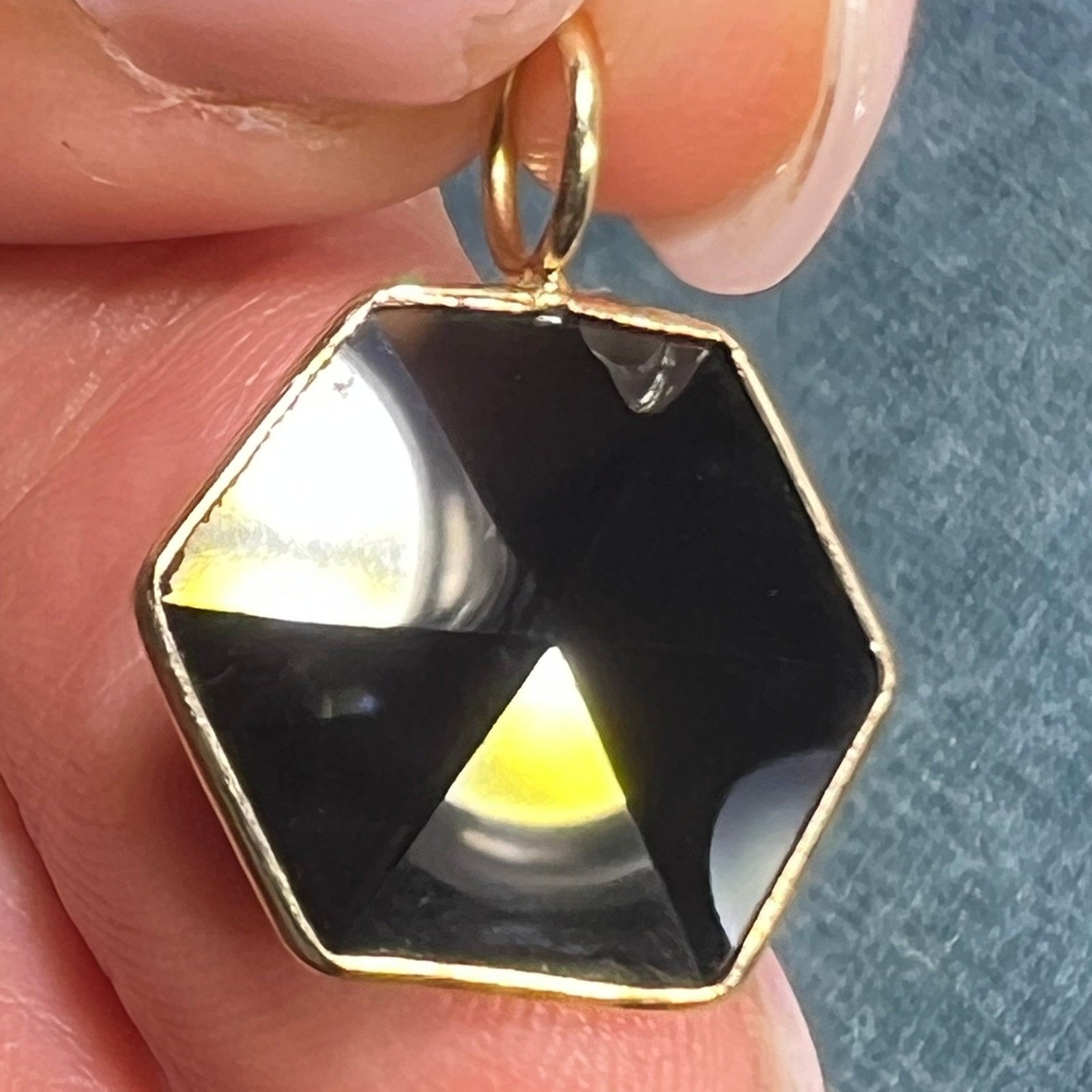 14k Gold Faceted Black Onyx Hexagon Pendant. Art Deco