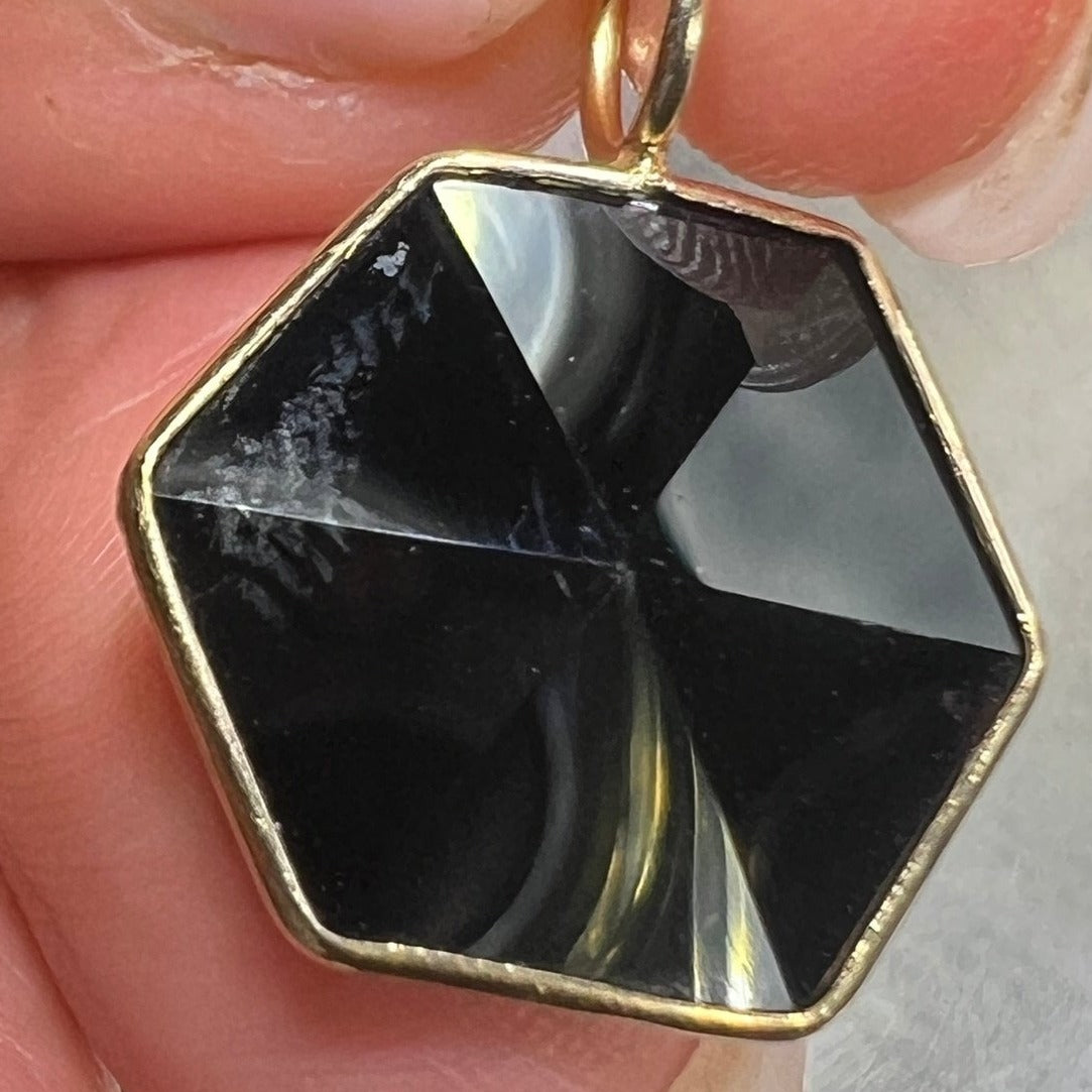 14k Gold Faceted Black Onyx Hexagon Pendant. Art Deco