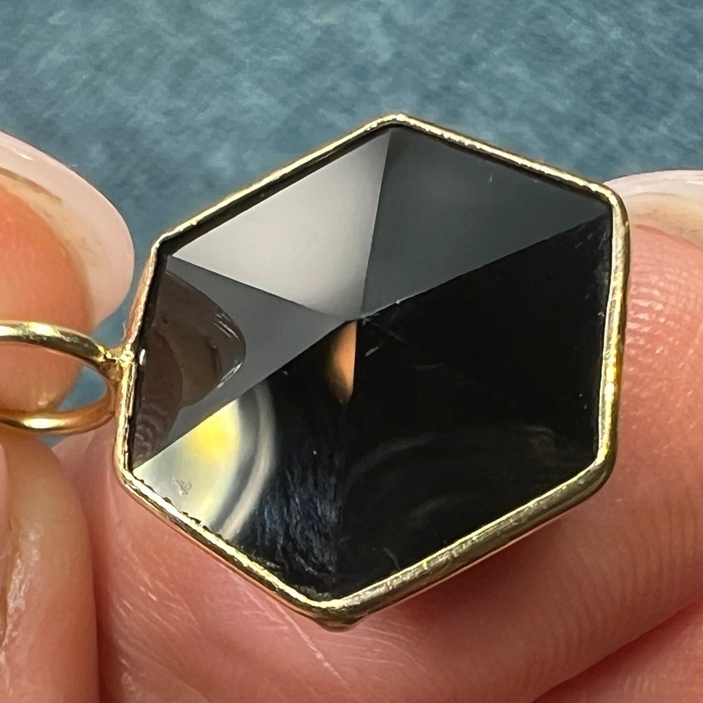 14k Gold Faceted Black Onyx Hexagon Pendant. Art Deco